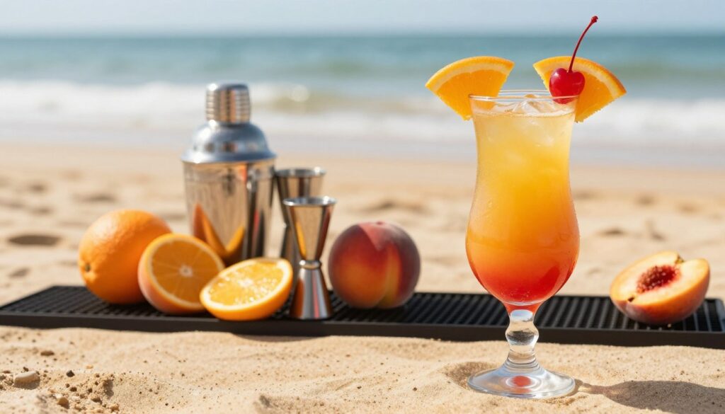 A vibrant, inviting cocktail scene showcasing the ingredients of a Sex on the Beach drink, with a beautifully blended mix of orange juice, cranberry juice, vodka, and peach schnapps displayed in a tall, elegant glass. In the foreground, focus on the drink garnished with a slice of orange and a cherry. In the middle, a stylish bartending setup with fresh fruit, a jigger, and a shaker ready to mix, emphasizing balance in preparation. The background features a sun-soaked beach with soft golden sands and gentle waves, captured in warm, natural lighting that enhances the tropical atmosphere. Use a slightly tilted angle to give depth to the composition, creating an inviting and lively mood perfect for summer enjoyment. A vibrant, inviting cocktail scene showcasing the ingredients of a Sex on the Beach drink, with a beautifully blended mix of orange juice, cranberry juice, vodka, and peach schnapps displayed in a tall, elegant glass. In the foreground, focus on the drink garnished with a slice of orange and a cherry. In the middle, a stylish bartending setup with fresh fruit, a jigger, and a shaker ready to mix, emphasizing balance in preparation. The background features a sun-soaked beach with soft golden sands and gentle waves, captured in warm, natural lighting that enhances the tropical atmosphere. Use a slightly tilted angle to give depth to the composition, creating an inviting and lively mood perfect for summer enjoyment.