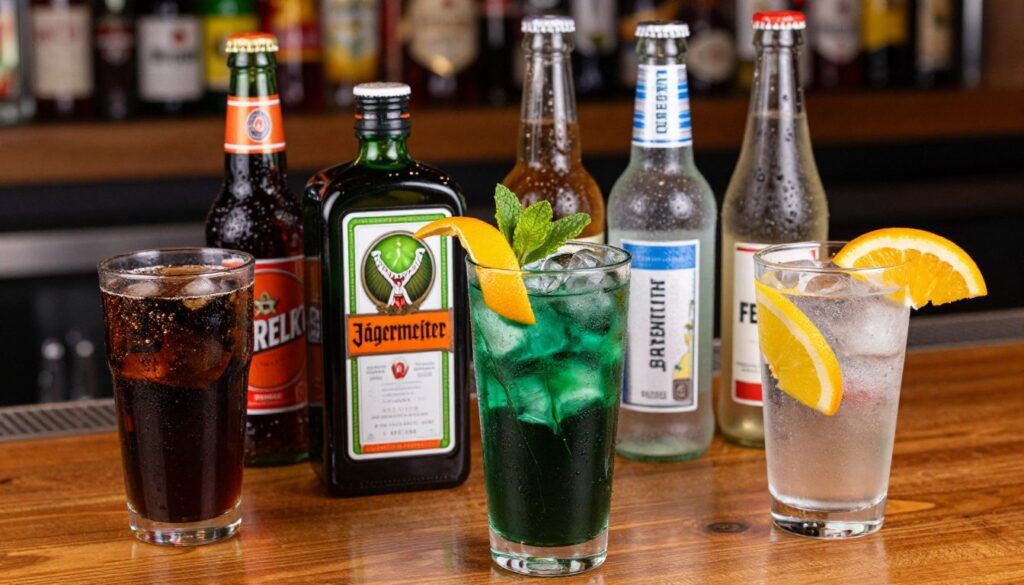 A vibrant, inviting tabletop scene featuring popular mixers for Jägermeister, specifically carbonated beverages. The foreground showcases a tall glass filled with a dark green Jägermeister cocktail, garnished with a twist of orange peel and a sprig of mint. Beside it, two other glasses filled with fizzy drinks: one with soda and the other with tonic water, both adorned with fresh fruit slices. In the middle, an assortment of distinctive bottles, including Jägermeister, various sodas, and tonic water, with condensation glistening on their surfaces. The background features a blurred bar setting with warm, ambient lighting, enhancing the convivial atmosphere. The composition is shot from a slightly elevated angle to capture the depth of the scene, evoking a sense of celebration and enjoyment. A vibrant, inviting tabletop scene featuring popular mixers for Jägermeister, specifically carbonated beverages. The foreground showcases a tall glass filled with a dark green Jägermeister cocktail, garnished with a twist of orange peel and a sprig of mint. Beside it, two other glasses filled with fizzy drinks: one with soda and the other with tonic water, both adorned with fresh fruit slices. In the middle, an assortment of distinctive bottles, including Jägermeister, various sodas, and tonic water, with condensation glistening on their surfaces. The background features a blurred bar setting with warm, ambient lighting, enhancing the convivial atmosphere. The composition is shot from a slightly elevated angle to capture the depth of the scene, evoking a sense of celebration and enjoyment.