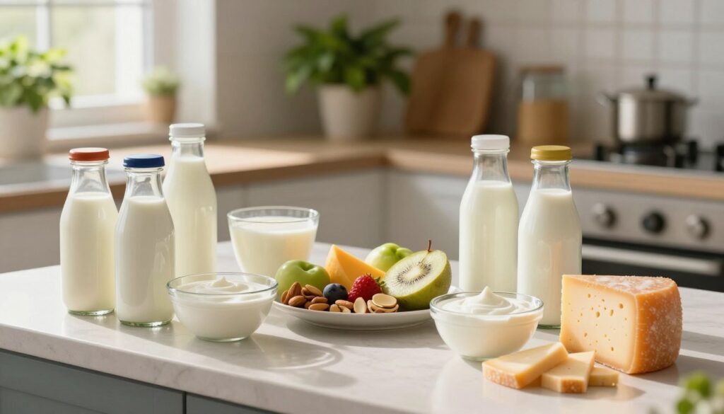 A vibrant kitchen counter filled with various dairy alternatives, including almond milk, coconut yogurt, and cashew cheese. In the foreground, colorful glass bottles of plant-based milk, neatly arranged, alongside bowls of creamy plant-based yogurt and sliced cheese alternatives. In the middle, an inviting plate of fresh fruit and nuts, complementing the dairy substitutes; soft light from a nearby window casts gentle shadows, creating a warm, welcoming atmosphere. The background features a clean, modern kitchen with green herbs in pots, emphasizing a healthy lifestyle. The entire scene evokes a sense of wellness and creativity in meal preparation, perfect for showcasing practical dairy substitutes in everyday diets. A vibrant kitchen counter filled with various dairy alternatives, including almond milk, coconut yogurt, and cashew cheese. In the foreground, colorful glass bottles of plant-based milk, neatly arranged, alongside bowls of creamy plant-based yogurt and sliced cheese alternatives. In the middle, an inviting plate of fresh fruit and nuts, complementing the dairy substitutes; soft light from a nearby window casts gentle shadows, creating a warm, welcoming atmosphere. The background features a clean, modern kitchen with green herbs in pots, emphasizing a healthy lifestyle. The entire scene evokes a sense of wellness and creativity in meal preparation, perfect for showcasing practical dairy substitutes in everyday diets.