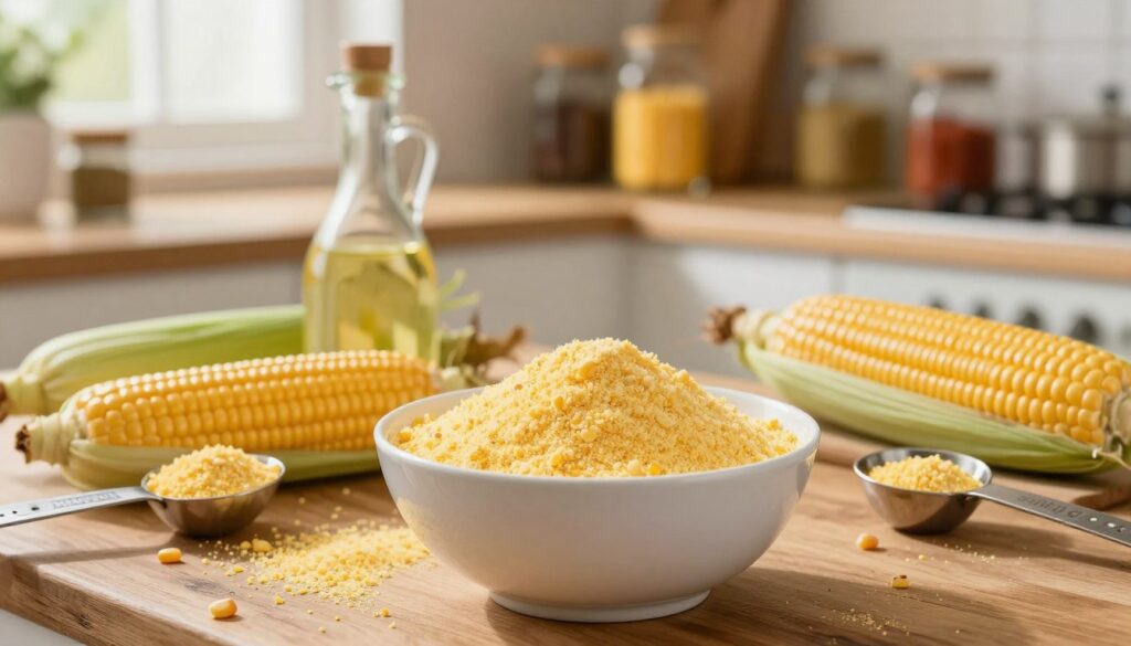 A vibrant kitchen scene featuring a bowl of yellow corn flour, known as "mąka kukurydziana," prominently placed in the foreground, surrounded by fresh ears of corn and measuring spoons. In the middle ground, there's a rustic wooden countertop with a few scattered cornmeal grains and a jar of corn oil, reflecting its culinary uses. The background showcases a softly blurred kitchen environment with shelves containing jars of spices and other cooking ingredients, illuminated by warm, natural light streaming through a window. The overall atmosphere is inviting and homey, perfect for cooking and exploring healthy recipes. The focus is on the textures and colors of the ingredients, evoking a sense of warmth and creativity in the kitchen. A vibrant kitchen scene featuring a bowl of yellow corn flour, known as "mąka kukurydziana," prominently placed in the foreground, surrounded by fresh ears of corn and measuring spoons. In the middle ground, there's a rustic wooden countertop with a few scattered cornmeal grains and a jar of corn oil, reflecting its culinary uses. The background showcases a softly blurred kitchen environment with shelves containing jars of spices and other cooking ingredients, illuminated by warm, natural light streaming through a window. The overall atmosphere is inviting and homey, perfect for cooking and exploring healthy recipes. The focus is on the textures and colors of the ingredients, evoking a sense of warmth and creativity in the kitchen.