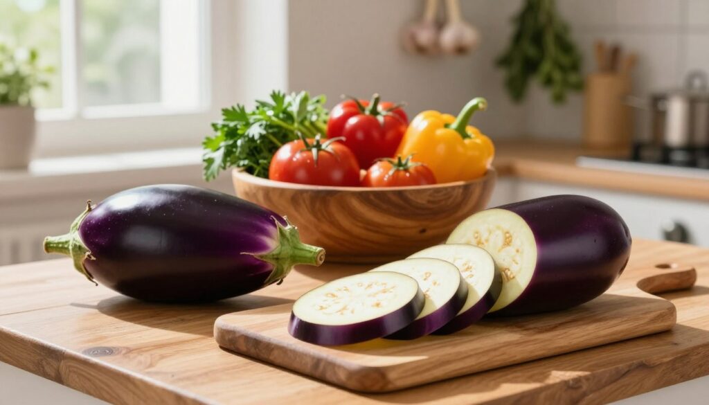 A vibrant kitchen scene featuring a fresh, glossy eggplant placed on a rustic wooden countertop. In the foreground, slices of the eggplant are arranged artistically beside a cutting board, showcasing its rich purple hue. In the middle, a wooden bowl filled with colorful seasonal vegetables like tomatoes, bell peppers, and herbs complements the eggplant, emphasizing the theme of culinary pairing. The background displays hanging garlic and herbs, hinting at a warm, inviting atmosphere. Soft, natural lighting streams in from a nearby window, illuminating the scene and creating gentle shadows. The overall mood is cozy and approachable, perfect for home cooking inspiration. A vibrant kitchen scene featuring a fresh, glossy eggplant placed on a rustic wooden countertop. In the foreground, slices of the eggplant are arranged artistically beside a cutting board, showcasing its rich purple hue. In the middle, a wooden bowl filled with colorful seasonal vegetables like tomatoes, bell peppers, and herbs complements the eggplant, emphasizing the theme of culinary pairing. The background displays hanging garlic and herbs, hinting at a warm, inviting atmosphere. Soft, natural lighting streams in from a nearby window, illuminating the scene and creating gentle shadows. The overall mood is cozy and approachable, perfect for home cooking inspiration.