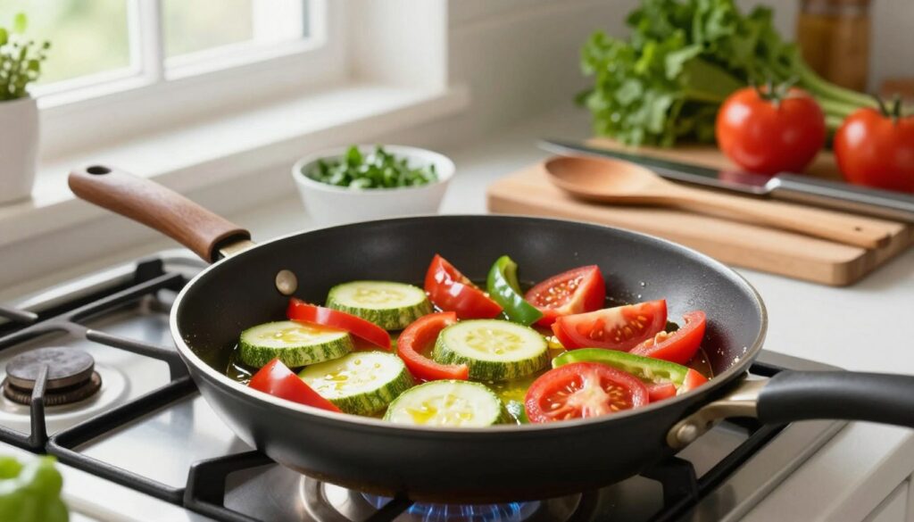 A vibrant kitchen scene featuring a skillet on a stovetop, sizzling with colorful ingredients for a quick meal. In the foreground, the skillet contains sliced zucchini, bell peppers, and diced tomatoes, all glistening in a light olive oil. Beside the pan, a wooden spoon rests, and a small bowl of fresh herbs adds a pop of green. In the middle ground, various cooking utensils like a chopping board and knife suggest recent preparation. The background shows a bright, airy kitchen with natural light streaming through a window, illuminating the fresh produce and creating a warm, inviting atmosphere. Capture the scene from a slightly elevated angle to enhance the textures and colors, focusing on the vibrant, simple ingredients that inspire the viewer's appetite for a quick, healthy meal. A vibrant kitchen scene featuring a skillet on a stovetop, sizzling with colorful ingredients for a quick meal. In the foreground, the skillet contains sliced zucchini, bell peppers, and diced tomatoes, all glistening in a light olive oil. Beside the pan, a wooden spoon rests, and a small bowl of fresh herbs adds a pop of green. In the middle ground, various cooking utensils like a chopping board and knife suggest recent preparation. The background shows a bright, airy kitchen with natural light streaming through a window, illuminating the fresh produce and creating a warm, inviting atmosphere. Capture the scene from a slightly elevated angle to enhance the textures and colors, focusing on the vibrant, simple ingredients that inspire the viewer's appetite for a quick, healthy meal.