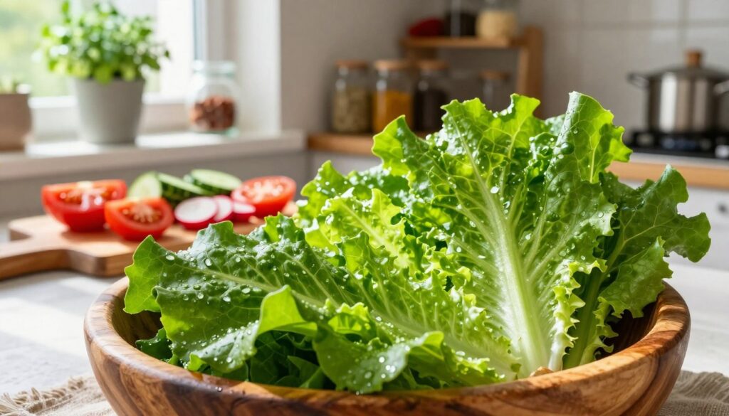 A vibrant kitchen scene featuring fresh "roszponka" (lamb's lettuce) prominently displayed in a rustic wooden salad bowl. The foreground shows the lush, dark green leaves glistening with droplets of water, suggesting freshness. In the middle, a wooden cutting board holds sliced tomatoes, cucumbers, and radishes, ready to be mixed into a colorful salad. Bright, natural light streams in from a nearby window, casting soft shadows and creating a warm atmosphere. In the background, shelves filled with assorted spices and herbs add an element of organized chaos. A small pot of herbs sits on the windowsill, enhancing the vibrant kitchen ambiance, while a hint of a stylish kitchen gadget peeks into the scene, completing this inviting culinary space.