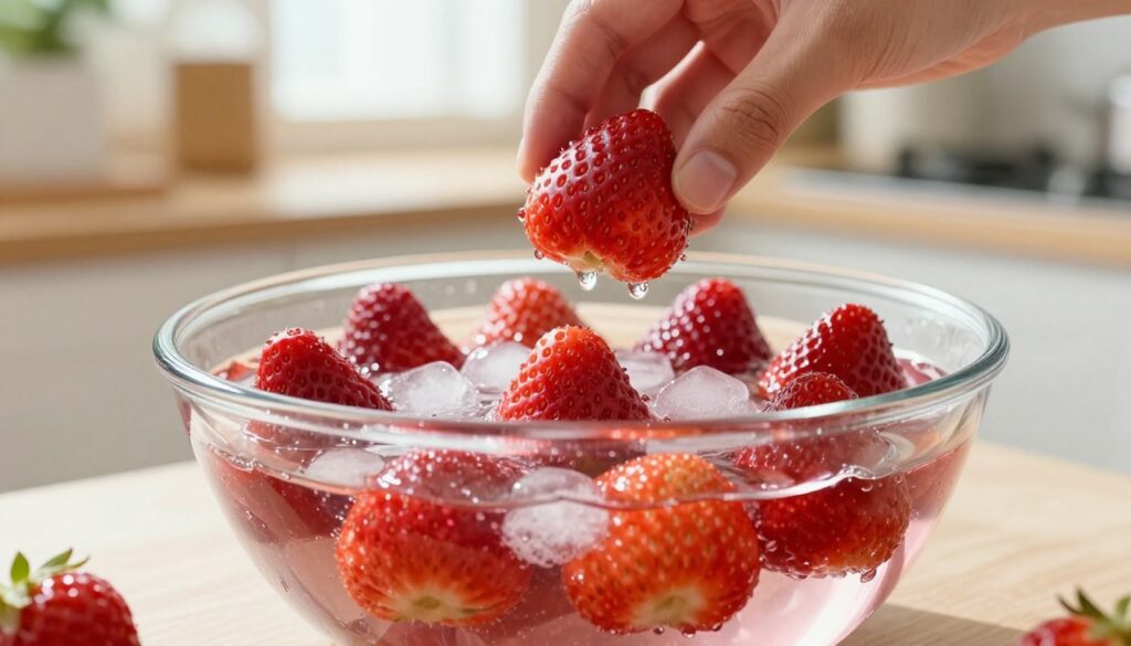 A vibrant kitchen scene focusing on a bowl of frozen strawberries being thawed in warm water. In the foreground, a clear glass bowl filled with bright red strawberries partially submerged in shimmering water, emphasizing the melting ice around them. The middle layer shows a hand gently stirring the strawberries, with droplets of water glistening in the light. The background features a soft-focus view of a sunny kitchen, with sunlight streaming through a window, creating a warm and inviting atmosphere. The lighting is bright and natural, highlighting the fresh, juicy texture of the strawberries. This image conveys a sense of freshness and simplicity, ideal for illustrating the quick thawing method. A vibrant kitchen scene focusing on a bowl of frozen strawberries being thawed in warm water. In the foreground, a clear glass bowl filled with bright red strawberries partially submerged in shimmering water, emphasizing the melting ice around them. The middle layer shows a hand gently stirring the strawberries, with droplets of water glistening in the light. The background features a soft-focus view of a sunny kitchen, with sunlight streaming through a window, creating a warm and inviting atmosphere. The lighting is bright and natural, highlighting the fresh, juicy texture of the strawberries. This image conveys a sense of freshness and simplicity, ideal for illustrating the quick thawing method.