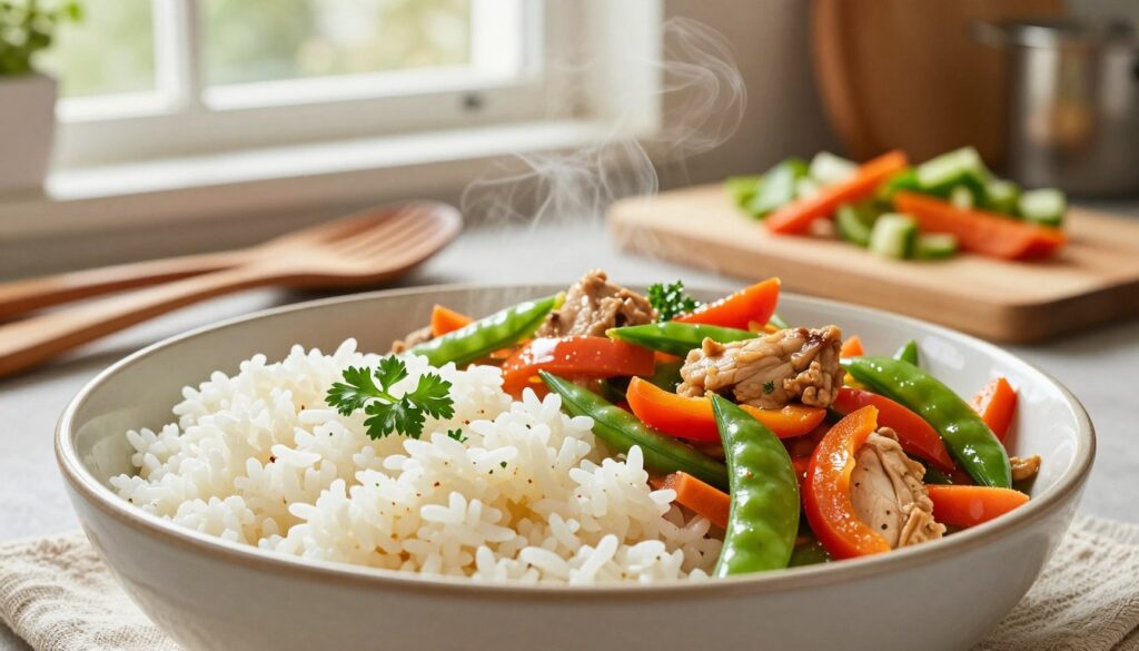 A vibrant kitchen scene showcasing a quick and easy family meal centered around rice. In the foreground, a steaming bowl of fluffy white rice, garnished with fresh parsley, sits next to a colorful stir-fry of tender chicken pieces mixed with bright bell peppers, snap peas, and carrots, all glistening with a savory sauce. The middle ground features wooden utensils and a chopping board with diced vegetables, emphasizing the simplicity of preparation. In the background, natural light streams through a window, casting a warm glow on the rustic kitchen setting, enhancing the inviting atmosphere. The overall mood is cheerful and homely, perfect for suggesting a quick, family-friendly dinner option. No text or signage in the image. A vibrant kitchen scene showcasing a quick and easy family meal centered around rice. In the foreground, a steaming bowl of fluffy white rice, garnished with fresh parsley, sits next to a colorful stir-fry of tender chicken pieces mixed with bright bell peppers, snap peas, and carrots, all glistening with a savory sauce. The middle ground features wooden utensils and a chopping board with diced vegetables, emphasizing the simplicity of preparation. In the background, natural light streams through a window, casting a warm glow on the rustic kitchen setting, enhancing the inviting atmosphere. The overall mood is cheerful and homely, perfect for suggesting a quick, family-friendly dinner option. No text or signage in the image.