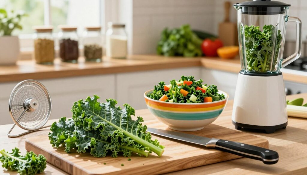 A vibrant kitchen scene showcasing various techniques for preparing kale. In the foreground, a wooden cutting board with freshly washed kale leaves, a chef's knife, and tools like a salad spinner and a blender, all arranged neatly. In the middle, a colorful bowl filled with kale salad, featuring diced vegetables and a light dressing. The background includes shelves filled with jars of spices and fresh produce, illuminated by warm, natural light streaming in through a window. The atmosphere is inviting and lively, suggesting a healthy cooking vibe. Capture the rich green color of the kale and the textures of the ingredients, emphasizing freshness and nutrition in the composition. Ensure the image is bright and clear, conveying a sense of culinary creativity and healthful eating.