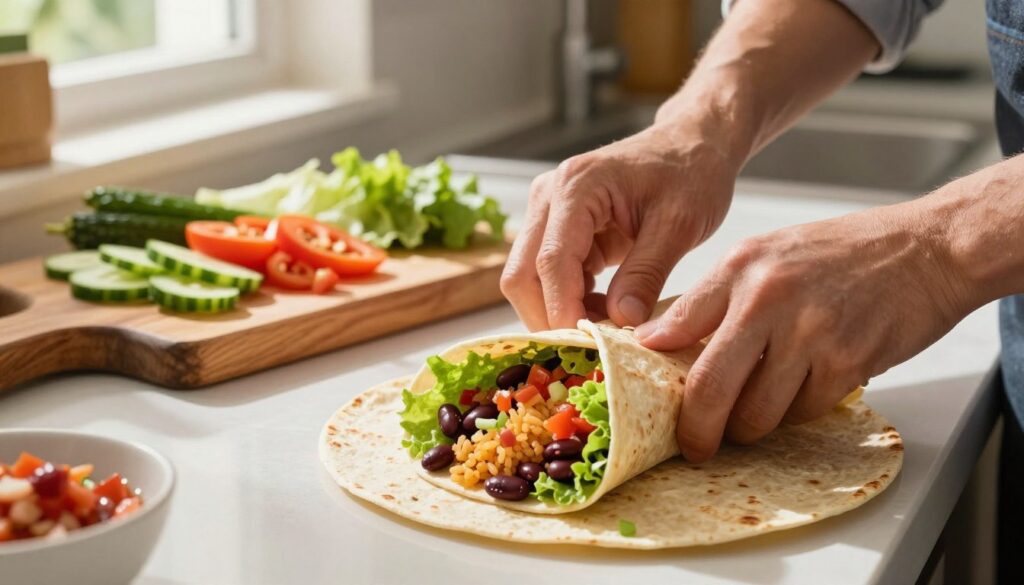 A vibrant kitchen setting featuring a close-up view of a skilled hand demonstrating burrito folding techniques with fresh ingredients laid out. In the foreground, focus on a large, warm tortilla being carefully wrapped around colorful fillings like beans, rice, lettuce, and salsa. The middle layer showcases a countertop with chopped vegetables and a wooden cutting board, exuding a sense of culinary expertise. In the background, soft natural light filters through a window, casting gentle shadows that create a warm, inviting atmosphere, reminiscent of homemade meals. The scene emphasizes clarity and detail, capturing the techniques involved in wrapping burritos step by step without any distractions or text elements. A vibrant kitchen setting featuring a close-up view of a skilled hand demonstrating burrito folding techniques with fresh ingredients laid out. In the foreground, focus on a large, warm tortilla being carefully wrapped around colorful fillings like beans, rice, lettuce, and salsa. The middle layer showcases a countertop with chopped vegetables and a wooden cutting board, exuding a sense of culinary expertise. In the background, soft natural light filters through a window, casting gentle shadows that create a warm, inviting atmosphere, reminiscent of homemade meals. The scene emphasizes clarity and detail, capturing the techniques involved in wrapping burritos step by step without any distractions or text elements.