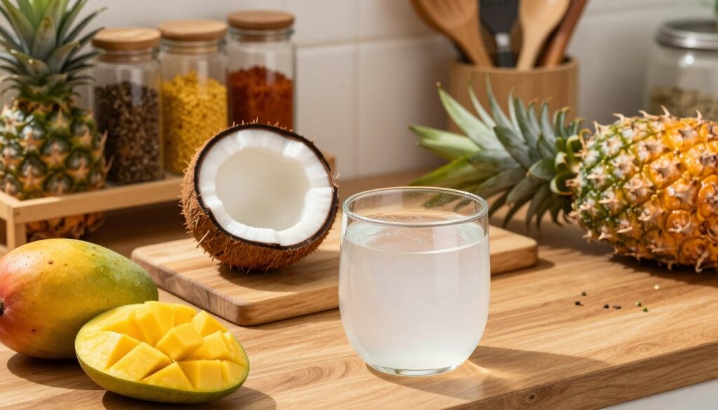 A vibrant kitchen setting featuring coconut water being used in various culinary applications. In the foreground, a stylish glass filled with coconut water sits on a wooden countertop, surrounded by fresh fruits like mangoes and pineapples. In the middle, a cutting board showcases a sliced coconut, with its white flesh and water glistening in the light. Behind, shelves filled with colorful spices and an assortment of kitchen utensils add depth. The warm, natural lighting highlights the freshness and tropical feel of the ingredients, creating an inviting atmosphere. The composition should be shot from a slightly elevated angle, capturing the essence of using coconut water in everyday cooking. A vibrant kitchen setting featuring coconut water being used in various culinary applications. In the foreground, a stylish glass filled with coconut water sits on a wooden countertop, surrounded by fresh fruits like mangoes and pineapples. In the middle, a cutting board showcases a sliced coconut, with its white flesh and water glistening in the light. Behind, shelves filled with colorful spices and an assortment of kitchen utensils add depth. The warm, natural lighting highlights the freshness and tropical feel of the ingredients, creating an inviting atmosphere. The composition should be shot from a slightly elevated angle, capturing the essence of using coconut water in everyday cooking.