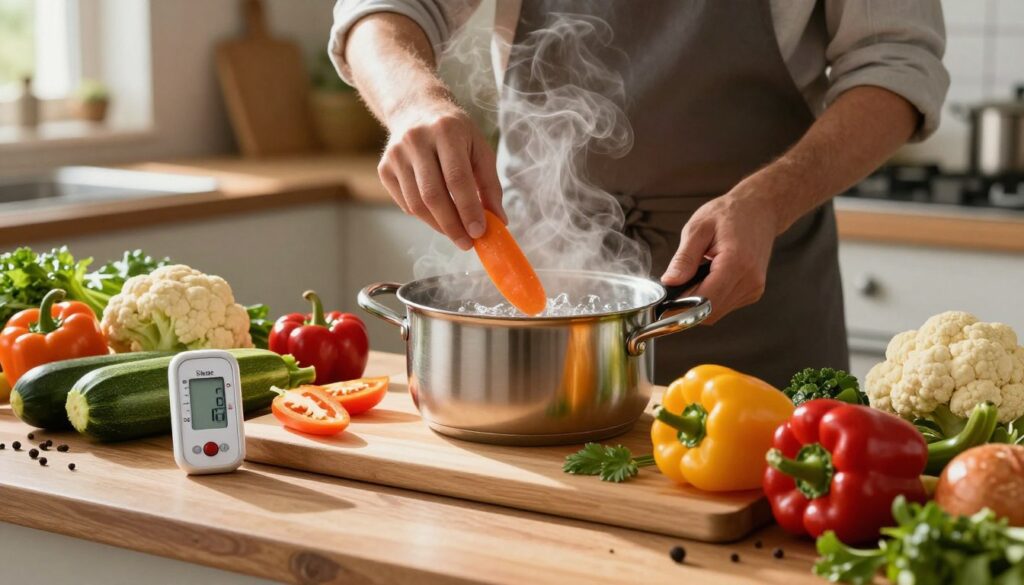 A vibrant kitchen setting showcases a colorful array of low-carbohydrate vegetables, such as zucchini, cauliflower, and bell peppers, displayed on a wooden cutting board. In the foreground, a thermometer is placed next to a small pot of boiling water, symbolizing the cooking process. The middle ground features a chef in modest casual attire, carefully adding vegetables to the pot, with steam rising, indicating heat's impact on glycemic index. In the background, subtle hints of fresh herbs and spices adorn the kitchen countertops, adding to the atmosphere of healthy cooking. The lighting is warm and natural, streaming in from a nearby window, casting soft shadows that create a welcoming ambiance. This scene captures the essence of how heat affects the glycemic index of vegetables in a keto diet.