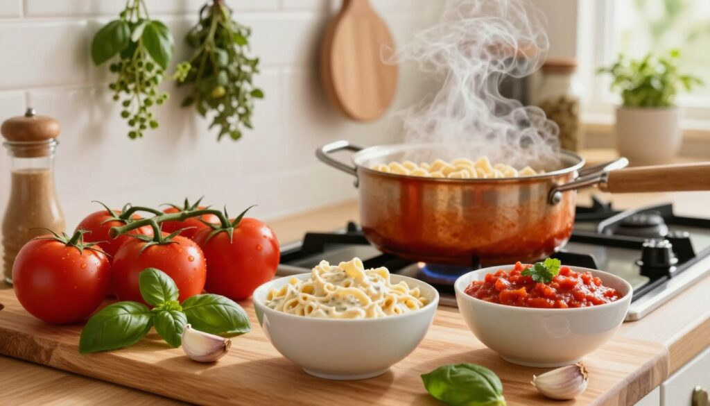 A vibrant kitchen setting showcasing a variety of quick pasta sauces made from simple ingredients. In the foreground, a wooden cutting board displays an assortment of fresh ingredients: ripe tomatoes, fragrant basil leaves, and garlic cloves, alongside two bowls filled with creamy alfredo and a rich marinara sauce. In the middle ground, a pot of boiling pasta bubbles on the stove, steam rising gently. The background features warm, inviting kitchen decor with herbs hanging from the walls and soft, natural light streaming through a window, creating a cozy atmosphere. The overall mood is lively and inviting, perfect for a quick meal preparation scene. Creative angles capture the process of making a quick pasta dish.
