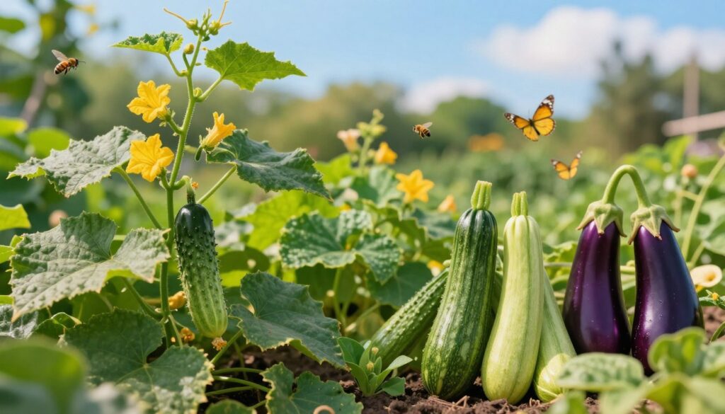 A vibrant, lush garden scene showcasing a variety of plants exhibiting dual characteristics, symbolizing "double nature." In the foreground, feature a vibrant cucumber vine with both blossoms and fully formed cucumbers, blending botanically with other unusual plants like zucchini and eggplant, demonstrating their fruiting bodies. The middle ground should include rich green foliage, highlighting contrasting textures and colors, while bees and butterflies flutter around, enhancing the scene’s liveliness. In the background, soft bokeh of distant trees and a clear blue sky with gentle sunlight filtering through creates a warm and inviting atmosphere. Use a shallow depth of field to emphasize the foreground plants while maintaining a soft focus on the background elements, evoking a sense of tranquility and abundance. A vibrant, lush garden scene showcasing a variety of plants exhibiting dual characteristics, symbolizing "double nature." In the foreground, feature a vibrant cucumber vine with both blossoms and fully formed cucumbers, blending botanically with other unusual plants like zucchini and eggplant, demonstrating their fruiting bodies. The middle ground should include rich green foliage, highlighting contrasting textures and colors, while bees and butterflies flutter around, enhancing the scene’s liveliness. In the background, soft bokeh of distant trees and a clear blue sky with gentle sunlight filtering through creates a warm and inviting atmosphere. Use a shallow depth of field to emphasize the foreground plants while maintaining a soft focus on the background elements, evoking a sense of tranquility and abundance.