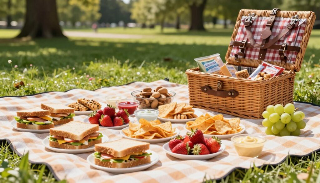 A vibrant picnic scene featuring a variety of quick, convenient snacks laid out on a checkered blanket. In the foreground, a colorful assortment of finger foods such as bite-sized sandwiches, fresh fruits like strawberries and grapes, and an array of chips with dips in small bowls. The middle ground shows a wicker picnic basket partially open, displaying more snacks like granola bars and nuts, invitingly arranged. In the background, a sunny park with green grass and soft, dappled sunlight filtering through the trees creates a cheerful atmosphere. The angle is slightly elevated, providing a well-composed view of the spread. The entire scene exudes a sense of relaxation and ease, perfect for a busy day outdoors. A vibrant picnic scene featuring a variety of quick, convenient snacks laid out on a checkered blanket. In the foreground, a colorful assortment of finger foods such as bite-sized sandwiches, fresh fruits like strawberries and grapes, and an array of chips with dips in small bowls. The middle ground shows a wicker picnic basket partially open, displaying more snacks like granola bars and nuts, invitingly arranged. In the background, a sunny park with green grass and soft, dappled sunlight filtering through the trees creates a cheerful atmosphere. The angle is slightly elevated, providing a well-composed view of the spread. The entire scene exudes a sense of relaxation and ease, perfect for a busy day outdoors.
