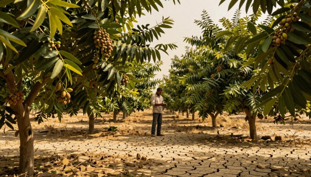 A vibrant pistachio plantation in the foreground, showcasing lush green trees laden with ripe nuts, some partially shelling. In the middle ground, include a farmer examining the pistachio trees, dressed in modest casual clothing, reflecting a connection to the land. The background reveals a dry, cracked landscape indicative of climate challenges, with a hazy sky that suggests rising temperatures and changing weather patterns. Warm, golden lighting filters through the leaves, casting dappled shadows on the ground. The overall mood conveys a sense of urgency and concern for the future of pistachio cultivation amidst climate change, highlighting both beauty and impact. Use a wide-angle perspective to capture the expanse of the plantation and the dramatic landscape. A vibrant pistachio plantation in the foreground, showcasing lush green trees laden with ripe nuts, some partially shelling. In the middle ground, include a farmer examining the pistachio trees, dressed in modest casual clothing, reflecting a connection to the land. The background reveals a dry, cracked landscape indicative of climate challenges, with a hazy sky that suggests rising temperatures and changing weather patterns. Warm, golden lighting filters through the leaves, casting dappled shadows on the ground. The overall mood conveys a sense of urgency and concern for the future of pistachio cultivation amidst climate change, highlighting both beauty and impact. Use a wide-angle perspective to capture the expanse of the plantation and the dramatic landscape.