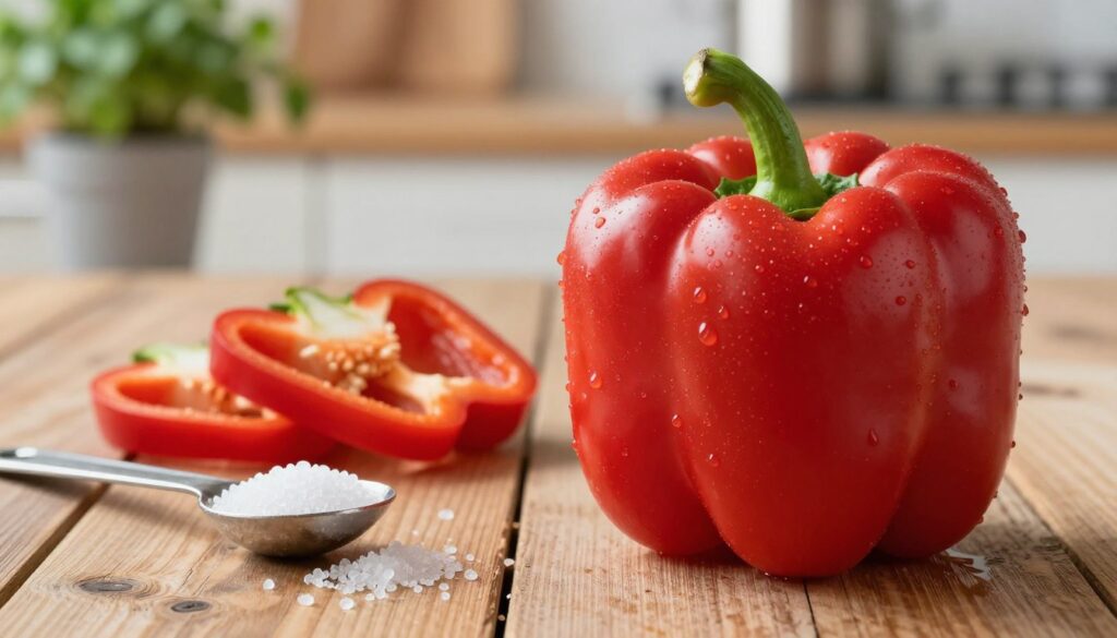 A vibrant red bell pepper sitting on a rustic wooden table, glistening with fresh droplets of water to emphasize its healthy and nutritious appearance. In the foreground, the texture of the bell pepper is highlighted, showcasing its glossy skin and the natural curves of the vegetable. In the middle ground, a few slices of the pepper reveal its juicy insides, alongside a measuring spoon filled with vitamin C crystals to symbolize its health benefits. The background features a softly blurred kitchen setting with a hint of greenery from potted herbs, creating a warm and inviting atmosphere. The lighting is natural and bright, suggesting a sunny day, enhancing the fresh and wholesome feel of the image. The composition should evoke a sense of wellness and encourage healthy eating choices.