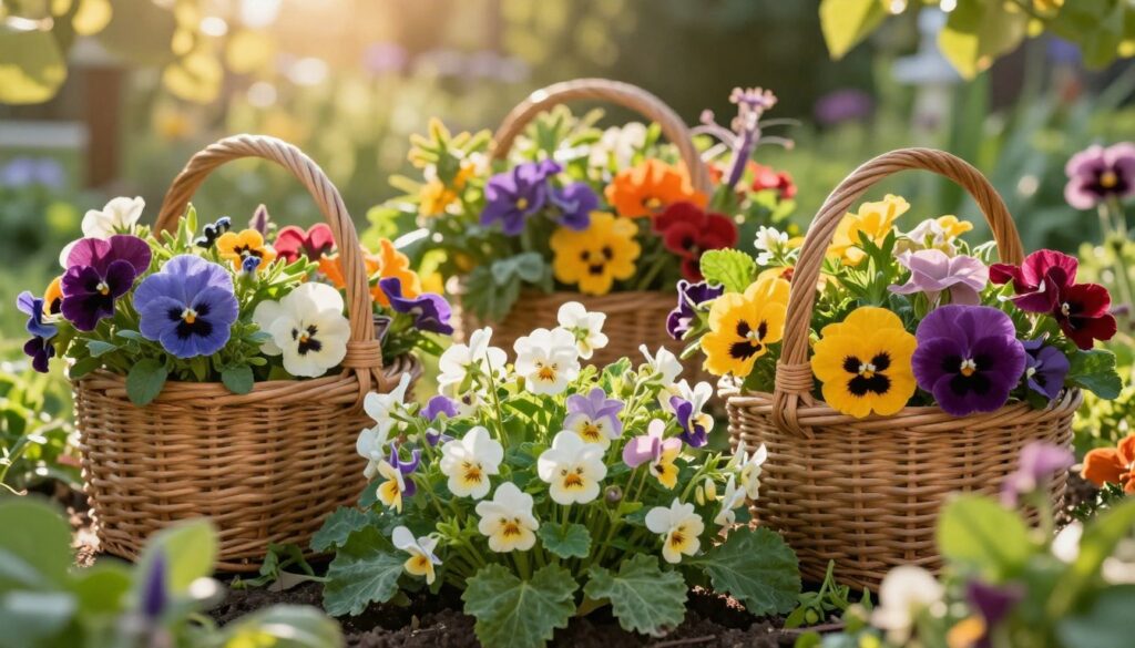 A vibrant scene featuring edible flower baskets, prominently displaying an array of colorful, blossoming vegetables. In the foreground, lush, green foliage surrounds a cluster of delicate, edible blossoms, highlighting their intricate details and soft textures. The middle ground should showcase the baskets, each filled with a variety of vegetables that have attractive, flowering tops, artistically arranged to capture the eye. The background is a softly blurred garden setting, bathed in warm, golden sunlight that filters through leaves, creating a serene and inviting atmosphere. The image should evoke a sense of natural beauty and culinary delight, with a focus on the richness of the edible plants. Emphasize vivid colors and include soft shadows to add depth and warmth to the composition. A vibrant scene featuring edible flower baskets, prominently displaying an array of colorful, blossoming vegetables. In the foreground, lush, green foliage surrounds a cluster of delicate, edible blossoms, highlighting their intricate details and soft textures. The middle ground should showcase the baskets, each filled with a variety of vegetables that have attractive, flowering tops, artistically arranged to capture the eye. The background is a softly blurred garden setting, bathed in warm, golden sunlight that filters through leaves, creating a serene and inviting atmosphere. The image should evoke a sense of natural beauty and culinary delight, with a focus on the richness of the edible plants. Emphasize vivid colors and include soft shadows to add depth and warmth to the composition.