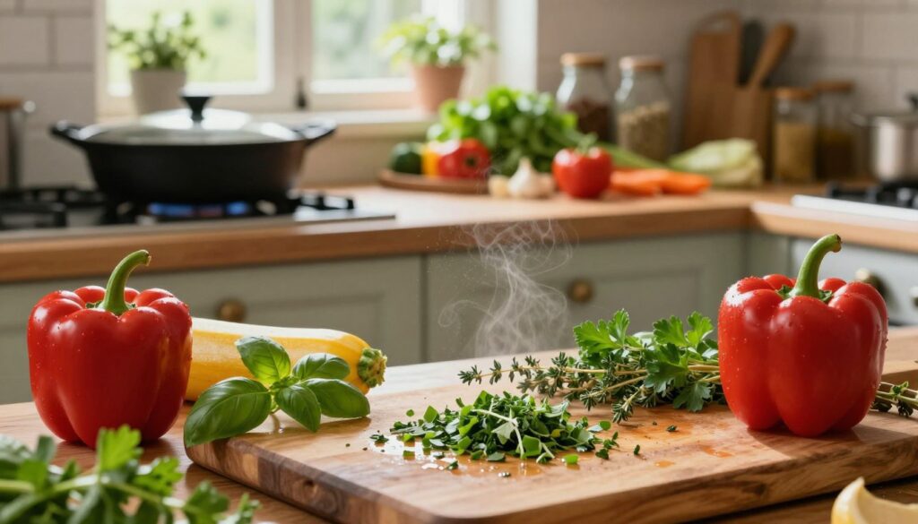 A vibrant scene showcasing herbs essential for enhancing the flavor of vegetable ratatouille, including fresh basil, oregano, thyme, and parsley. In the foreground, a wooden cutting board with chopped herbs, glistening with moisture, alongside bright red bell peppers and yellow zucchini, emitting an inviting aroma. The middle layer features a rustic kitchen counter with cast iron cookware, a colorful array of fresh vegetables, and an assortment of spices in glass jars. The background reveals a softly lit kitchen with greenery peeking through a window, creating a warm, homely atmosphere. Soft, natural lighting illuminates the scene, enhancing the rich colors of the ingredients, inviting the viewer to appreciate the essence of these key herbs in elevating the dish's aroma and taste. The composition is intimate and inviting, capturing the essence of culinary creativity. A vibrant scene showcasing herbs essential for enhancing the flavor of vegetable ratatouille, including fresh basil, oregano, thyme, and parsley. In the foreground, a wooden cutting board with chopped herbs, glistening with moisture, alongside bright red bell peppers and yellow zucchini, emitting an inviting aroma. The middle layer features a rustic kitchen counter with cast iron cookware, a colorful array of fresh vegetables, and an assortment of spices in glass jars. The background reveals a softly lit kitchen with greenery peeking through a window, creating a warm, homely atmosphere. Soft, natural lighting illuminates the scene, enhancing the rich colors of the ingredients, inviting the viewer to appreciate the essence of these key herbs in elevating the dish's aroma and taste. The composition is intimate and inviting, capturing the essence of culinary creativity.