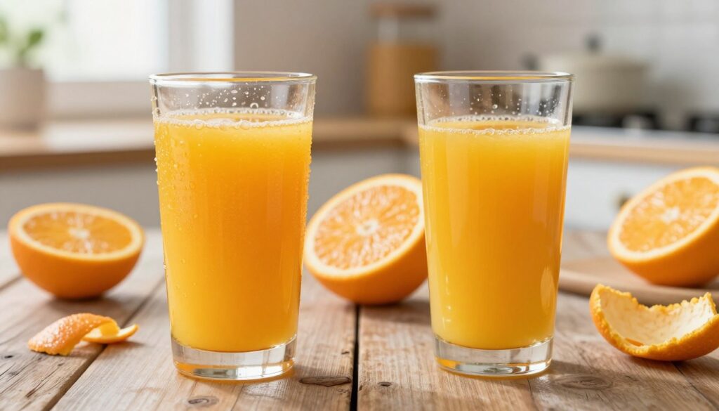 A vibrant, side-by-side comparison of fresh-squeezed orange juice and pasteurized orange juice. In the foreground, a glass of fresh-squeezed orange juice, showcasing its rich, vibrant orange color with droplets of condensation on the outside, placed on a rustic wooden table. Next to it, a glass of pasteurized orange juice, slightly lighter in color and presented in a clear, modern glass. In the middle ground, a sliced orange and a small pile of orange peels add to the freshness. The background features a soft-focus kitchen setting with natural lighting pouring in through a window, creating a bright and inviting atmosphere. The mood is healthy and refreshing, inviting viewers to explore the nutritional benefits of each juice option. A vibrant, side-by-side comparison of fresh-squeezed orange juice and pasteurized orange juice. In the foreground, a glass of fresh-squeezed orange juice, showcasing its rich, vibrant orange color with droplets of condensation on the outside, placed on a rustic wooden table. Next to it, a glass of pasteurized orange juice, slightly lighter in color and presented in a clear, modern glass. In the middle ground, a sliced orange and a small pile of orange peels add to the freshness. The background features a soft-focus kitchen setting with natural lighting pouring in through a window, creating a bright and inviting atmosphere. The mood is healthy and refreshing, inviting viewers to explore the nutritional benefits of each juice option.