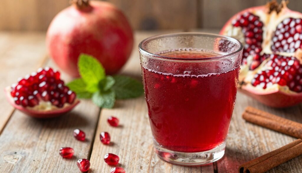A vibrant still life composition featuring a glass of fresh pomegranate juice, highlighting its rich ruby-red color. In the foreground, the glass sits elegantly on a rustic wooden table, glistening with condensation. Scattered around it, whole pomegranates with their jewel-like seeds partially exposed, emphasizing their juicy freshness. In the middle background, soft-focus herbs and spices like mint and cinnamon gently complement the scene, hinting at culinary uses. The lighting is warm and inviting, creating a cozy atmosphere, with soft sunlight streaming in from the side, casting gentle shadows. This composition evokes the essence of using pomegranate juice in cooking and healthy diets, presenting an appetizing appeal. A vibrant still life composition featuring a glass of fresh pomegranate juice, highlighting its rich ruby-red color. In the foreground, the glass sits elegantly on a rustic wooden table, glistening with condensation. Scattered around it, whole pomegranates with their jewel-like seeds partially exposed, emphasizing their juicy freshness. In the middle background, soft-focus herbs and spices like mint and cinnamon gently complement the scene, hinting at culinary uses. The lighting is warm and inviting, creating a cozy atmosphere, with soft sunlight streaming in from the side, casting gentle shadows. This composition evokes the essence of using pomegranate juice in cooking and healthy diets, presenting an appetizing appeal.