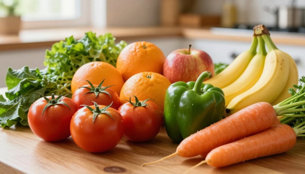 A vibrant still life composition featuring a variety of fresh vegetables and fruits, prominently displayed on a wooden table. In the foreground, arrange juicy tomatoes, bright green bell peppers, crisp carrots, and leafy greens, creating a rich tapestry of colors and textures. In the middle ground, include ripe oranges, apples, and a bunch of bananas, showcasing their natural sheen. In the background, softly blurred, hint at a sunny kitchen setting with warm, natural light filtering through a window, enhancing the freshness of the produce. Capture the essence of health and vitality, emphasizing the significance of dietary fiber. Use a shallow depth of field to draw focus to the vibrant colors and textures of the fruits and vegetables, creating an inviting and wholesome atmosphere. A vibrant still life composition featuring a variety of fresh vegetables and fruits, prominently displayed on a wooden table. In the foreground, arrange juicy tomatoes, bright green bell peppers, crisp carrots, and leafy greens, creating a rich tapestry of colors and textures. In the middle ground, include ripe oranges, apples, and a bunch of bananas, showcasing their natural sheen. In the background, softly blurred, hint at a sunny kitchen setting with warm, natural light filtering through a window, enhancing the freshness of the produce. Capture the essence of health and vitality, emphasizing the significance of dietary fiber. Use a shallow depth of field to draw focus to the vibrant colors and textures of the fruits and vegetables, creating an inviting and wholesome atmosphere.