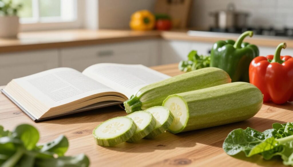 A vibrant still life featuring fresh zucchinis on a wooden kitchen table, surrounded by a variety of healthy ingredients that highlight dietary recommendations. In the foreground, a few sliced zucchinis reveal their tender texture, alongside leafy greens and colorful bell peppers. In the middle ground, a rustic cookbook is open, displaying notes about the nutritional benefits and dietary suggestions related to zucchini. The background features a softly blurred kitchen setting with natural light streaming through a window, casting warm, inviting shadows. The overall atmosphere should feel fresh and wholesome, emphasizing a healthy lifestyle. Use a shallow depth of field to ensure the focus remains on the zucchinis and their culinary possibilities. A vibrant still life featuring fresh zucchinis on a wooden kitchen table, surrounded by a variety of healthy ingredients that highlight dietary recommendations. In the foreground, a few sliced zucchinis reveal their tender texture, alongside leafy greens and colorful bell peppers. In the middle ground, a rustic cookbook is open, displaying notes about the nutritional benefits and dietary suggestions related to zucchini. The background features a softly blurred kitchen setting with natural light streaming through a window, casting warm, inviting shadows. The overall atmosphere should feel fresh and wholesome, emphasizing a healthy lifestyle. Use a shallow depth of field to ensure the focus remains on the zucchinis and their culinary possibilities.