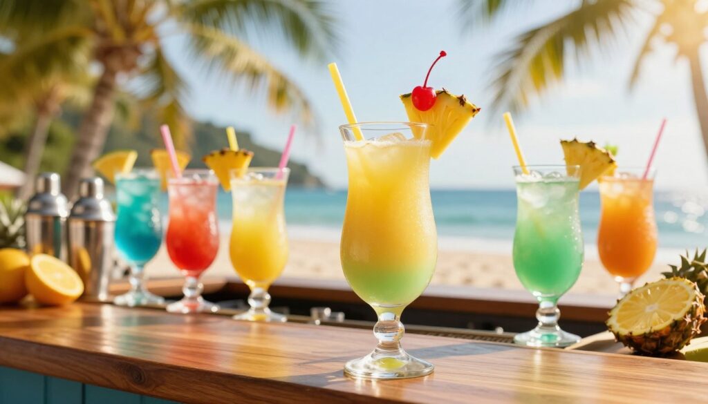 A vibrant tropical scene featuring a variety of classic cocktails made with pineapple juice, prominently displayed in elegant glassware. In the foreground, a tall glass filled with a refreshing mixed drink, showcasing layers of bright yellow and light green hues, garnished with a slice of pineapple and a maraschino cherry. Surrounding it are smaller glasses with colorful cocktails, each adorned with colorful straws and fruit garnishes, creating a festive look. The middle ground features a wooden bar top with a few cocktail shakers and fresh fruit. In the background, a blurred tropical oasis with palm trees softly illuminated by warm sunlight, casting a golden ambiance. The overall mood is cheerful and inviting, perfect for a sunny beach day. The shot is taken from a slightly shallow angle, emphasizing the foreground elements. A vibrant tropical scene featuring a variety of classic cocktails made with pineapple juice, prominently displayed in elegant glassware. In the foreground, a tall glass filled with a refreshing mixed drink, showcasing layers of bright yellow and light green hues, garnished with a slice of pineapple and a maraschino cherry. Surrounding it are smaller glasses with colorful cocktails, each adorned with colorful straws and fruit garnishes, creating a festive look. The middle ground features a wooden bar top with a few cocktail shakers and fresh fruit. In the background, a blurred tropical oasis with palm trees softly illuminated by warm sunlight, casting a golden ambiance. The overall mood is cheerful and inviting, perfect for a sunny beach day. The shot is taken from a slightly shallow angle, emphasizing the foreground elements.