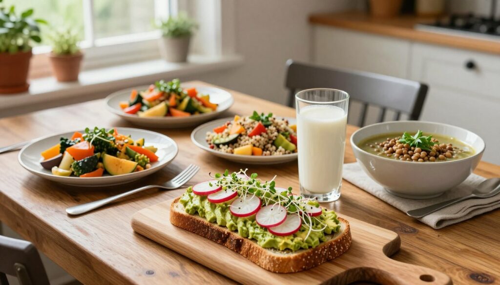 A vibrant, visually appealing overhead shot of a beautifully arranged dairy-free meal plan, featuring an array of colorful dishes. In the foreground, display a wooden cutting board with creamy avocado toast topped with radishes and sprouts, a bowl of quinoa salad with colorful vegetables, and a glass of almond milk in a tall, slender glass. The middle features a rustic dining table set with plates holding vegetable stir-fry and a hearty lentil soup, garnished with fresh herbs. In the background, soft natural light filters through a window, creating a warm atmosphere, with potted herbs on the sill. The setting is that of a cozy kitchen, evoking a sense of health and well-being. The image captures the essence of a nourishing, plant-based lifestyle without dairy. A vibrant, visually appealing overhead shot of a beautifully arranged dairy-free meal plan, featuring an array of colorful dishes. In the foreground, display a wooden cutting board with creamy avocado toast topped with radishes and sprouts, a bowl of quinoa salad with colorful vegetables, and a glass of almond milk in a tall, slender glass. The middle features a rustic dining table set with plates holding vegetable stir-fry and a hearty lentil soup, garnished with fresh herbs. In the background, soft natural light filters through a window, creating a warm atmosphere, with potted herbs on the sill. The setting is that of a cozy kitchen, evoking a sense of health and well-being. The image captures the essence of a nourishing, plant-based lifestyle without dairy.