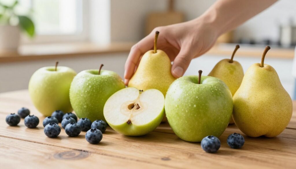 A vibrant, well-lit composition featuring a variety of fiber-rich fruits, such as plump blueberries, juicy green apples, and ripe pears, artfully arranged in the foreground on a rustic wooden table. In the middle ground, a hand gently reaching for a fruit, suggesting engagement and healthy choice. The background softly blurs out, showcasing a kitchen setting with hints of leafy plants and sunlight streaming through a window, creating a warm, inviting atmosphere. The lighting is natural and soft, emphasizing the fresh textures and colors of the fruits. This image captures the essence of healthy eating and promotes a positive mood around increasing fiber intake in meals.