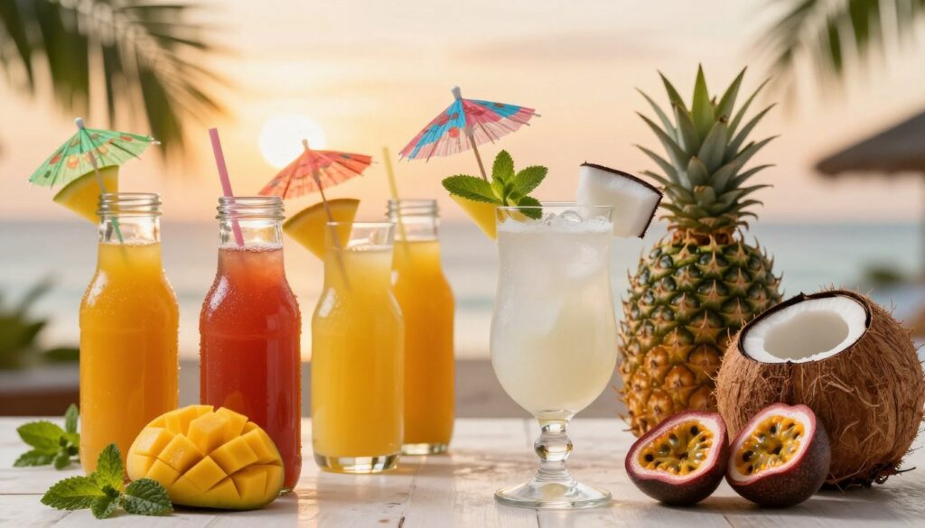 A vibrant, well-lit scene showcasing an assortment of the best juices and mixers for coconut cocktails. In the foreground, a beautifully arranged table features colorful juice bottles—mango, pineapple, and passion fruit—each with enticing textures and fresh fruit garnishes. The middle ground displays a highball glass filled with a coconut cocktail, garnished with a slice of fresh coconut and a mint sprig, invitingly placed beside colorful cocktail umbrellas. In the background, a soft blur of tropical leaves and an ambient sunset creates a warm and inviting atmosphere, enhancing the feeling of a relaxed home gathering. The lighting is soft and golden, suggesting a cozy, festive vibe, perfect for an intimate celebration. A vibrant, well-lit scene showcasing an assortment of the best juices and mixers for coconut cocktails. In the foreground, a beautifully arranged table features colorful juice bottles—mango, pineapple, and passion fruit—each with enticing textures and fresh fruit garnishes. The middle ground displays a highball glass filled with a coconut cocktail, garnished with a slice of fresh coconut and a mint sprig, invitingly placed beside colorful cocktail umbrellas. In the background, a soft blur of tropical leaves and an ambient sunset creates a warm and inviting atmosphere, enhancing the feeling of a relaxed home gathering. The lighting is soft and golden, suggesting a cozy, festive vibe, perfect for an intimate celebration.