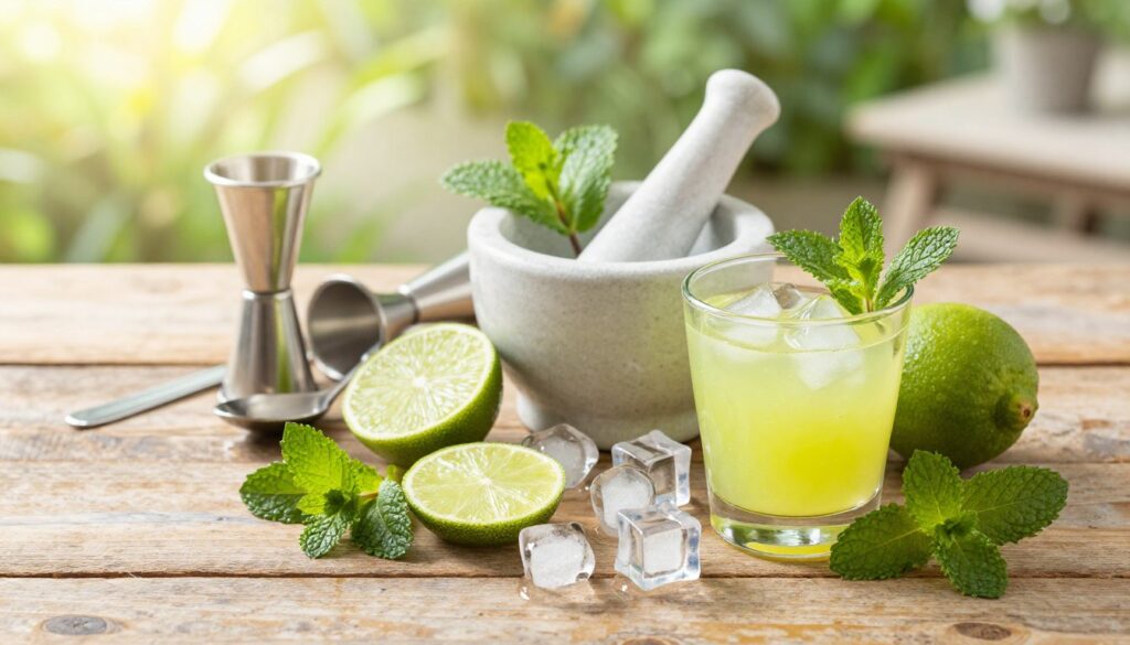 A visually appealing arrangement of essential mojito ingredients on a rustic wooden table, featuring fresh green mint leaves, cut lime slices, and crystal-clear ice cubes scattered around. In the foreground, a small glass filled with vibrant lime juice, garnished with a sprig of mint. In the middle, a mortar and pestle used for muddling, resting next to a simple jigger and a bar spoon. The background shows a softly blurred outdoor patio setting with sunlight filtering through lush foliage, creating a refreshing atmosphere. The lighting is bright and cheerful, capturing the essence of summer. Shot from a slightly elevated angle to emphasize the ingredients' textures and colors, conveying a mood of relaxation and enjoyment. A visually appealing arrangement of essential mojito ingredients on a rustic wooden table, featuring fresh green mint leaves, cut lime slices, and crystal-clear ice cubes scattered around. In the foreground, a small glass filled with vibrant lime juice, garnished with a sprig of mint. In the middle, a mortar and pestle used for muddling, resting next to a simple jigger and a bar spoon. The background shows a softly blurred outdoor patio setting with sunlight filtering through lush foliage, creating a refreshing atmosphere. The lighting is bright and cheerful, capturing the essence of summer. Shot from a slightly elevated angle to emphasize the ingredients' textures and colors, conveying a mood of relaxation and enjoyment.