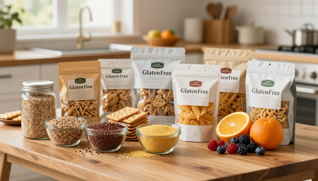 A visually appealing assortment of gluten-free products displayed elegantly on a wooden kitchen table. In the foreground, include various gluten-free grains like quinoa, amaranth, and millet alongside vibrant fruits such as berries and citrus. The middle ground should feature beautifully packaged gluten-free snacks like crackers, bread, and pasta, arranged artfully. The background includes a softly blurred kitchen setting with warm, natural lighting filtering through a window, creating a cozy atmosphere. Use a shallow depth of field to focus on the products while keeping the kitchen details delicately visible. The overall mood is inviting and health-oriented, emphasizing the freshness and quality of gluten-free options. A visually appealing assortment of gluten-free products displayed elegantly on a wooden kitchen table. In the foreground, include various gluten-free grains like quinoa, amaranth, and millet alongside vibrant fruits such as berries and citrus. The middle ground should feature beautifully packaged gluten-free snacks like crackers, bread, and pasta, arranged artfully. The background includes a softly blurred kitchen setting with warm, natural lighting filtering through a window, creating a cozy atmosphere. Use a shallow depth of field to focus on the products while keeping the kitchen details delicately visible. The overall mood is inviting and health-oriented, emphasizing the freshness and quality of gluten-free options.