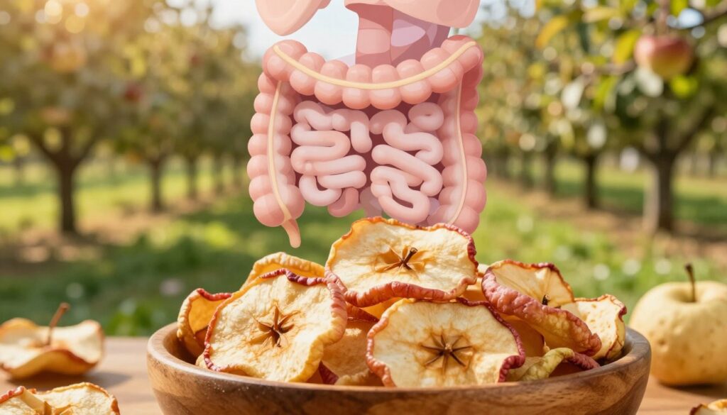A visually appealing composition depicting the impact of dried apples on the digestive system and gut flora. In the foreground, showcase a wooden bowl filled with vibrant, dried apple slices, emphasizing their textures and colors. The middle ground features a stylized illustration of a human digestive system, highlighting the intestines in a soft, pastel color palette to convey health and well-being. In the background, include a lush apple orchard under warm, golden sunlight, creating an inviting and serene atmosphere. Use a shallow depth of field to focus on the bowl of apples while gently blurring the orchard behind, enhancing a sense of tranquility. The overall mood should feel educational yet warm, promoting the positive aspects of dried apples for gut health. A visually appealing composition depicting the impact of dried apples on the digestive system and gut flora. In the foreground, showcase a wooden bowl filled with vibrant, dried apple slices, emphasizing their textures and colors. The middle ground features a stylized illustration of a human digestive system, highlighting the intestines in a soft, pastel color palette to convey health and well-being. In the background, include a lush apple orchard under warm, golden sunlight, creating an inviting and serene atmosphere. Use a shallow depth of field to focus on the bowl of apples while gently blurring the orchard behind, enhancing a sense of tranquility. The overall mood should feel educational yet warm, promoting the positive aspects of dried apples for gut health.