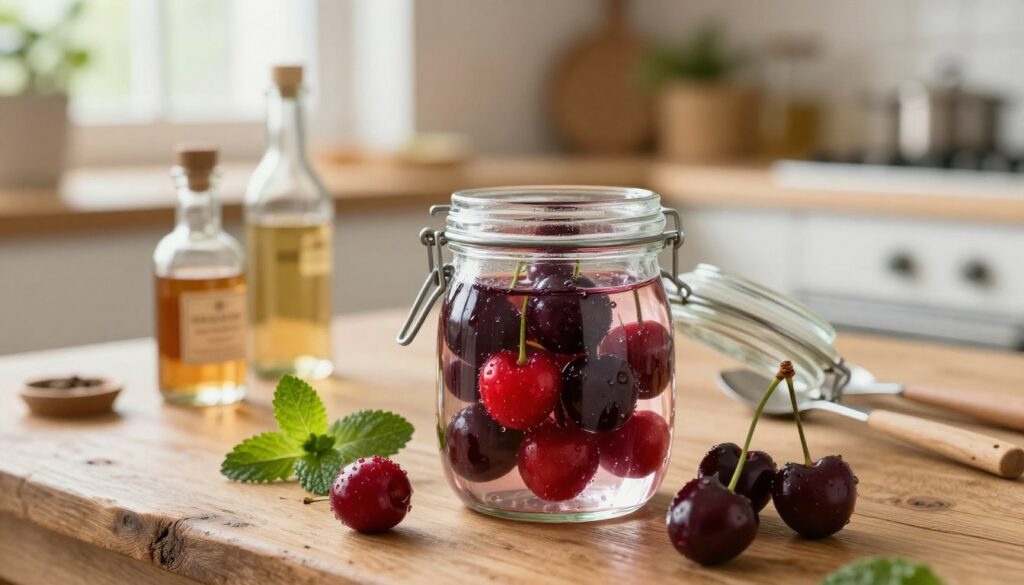 A visually appealing setup for “maceracja wiśni,” focusing on fresh, vibrant cherries in a glass jar filled with clear alcohol, surrounded by kitchen utensils for making cherry liqueur. In the foreground, the jar of cherries, glistening with droplets, showcases ripe red and dark purple cherries soaking in the alcohol, with some cherries falling beside it. In the middle, a rustic wooden table enhances the homey atmosphere, complemented by a few mint leaves and small glass bottles of various spirits. The background is softly blurred, featuring a cozy kitchen with warm natural light filtering through a window, creating a serene and inviting mood. Use a shallow depth of field to keep the focus on the jar while softly blurring the kitchen elements. A visually appealing setup for “maceracja wiśni,” focusing on fresh, vibrant cherries in a glass jar filled with clear alcohol, surrounded by kitchen utensils for making cherry liqueur. In the foreground, the jar of cherries, glistening with droplets, showcases ripe red and dark purple cherries soaking in the alcohol, with some cherries falling beside it. In the middle, a rustic wooden table enhances the homey atmosphere, complemented by a few mint leaves and small glass bottles of various spirits. The background is softly blurred, featuring a cozy kitchen with warm natural light filtering through a window, creating a serene and inviting mood. Use a shallow depth of field to keep the focus on the jar while softly blurring the kitchen elements.