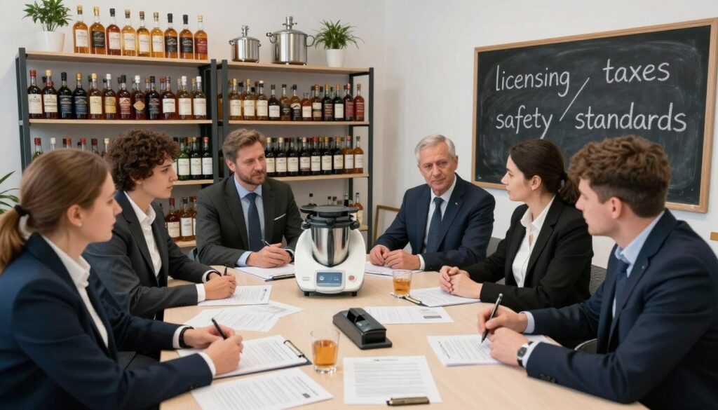 A visually engaging image exploring the legal aspects of alcohol production in Poland. In the foreground, a diverse group of professionals in business attire discuss regulations over a table filled with legal documents and a Thermomix appliance. The middle ground features shelves stocked with bottles of traditional Polish spirits and equipment used in home distillation, reflecting craftsmanship and legality. In the background, a chalkboard displays key legal terms such as "licensing," "taxes," and "safety standards" in a clear, organized manner. Soft, diffused lighting creates a serious yet inviting atmosphere, while a wide-angle perspective captures the collaborative essence of the discussion within a well-lit office space. A visually engaging image exploring the legal aspects of alcohol production in Poland. In the foreground, a diverse group of professionals in business attire discuss regulations over a table filled with legal documents and a Thermomix appliance. The middle ground features shelves stocked with bottles of traditional Polish spirits and equipment used in home distillation, reflecting craftsmanship and legality. In the background, a chalkboard displays key legal terms such as "licensing," "taxes," and "safety standards" in a clear, organized manner. Soft, diffused lighting creates a serious yet inviting atmosphere, while a wide-angle perspective captures the collaborative essence of the discussion within a well-lit office space.