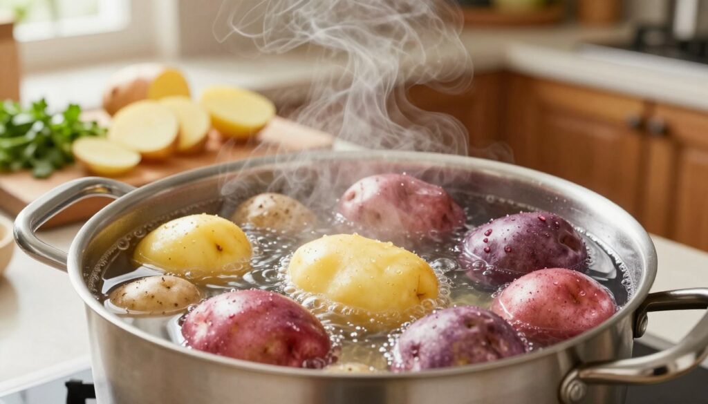 A visually engaging kitchen scene showcasing the process of boiling different types of potatoes. In the foreground, a pot of boiling water with a variety of potatoes—yellow, red, and purple—each distinctly shaped and sized, some partially submerged, emitting steam. In the middle ground, a chopping board with cut potato slices and fresh herbs, highlighting their textures and colors. The background features a warm, well-lit kitchen with wooden cabinets, a hint of kitchen utensils, and an inviting atmosphere. Soft, natural light filters through a window, casting gentle shadows. The image conveys a sense of culinary warmth and focus on food preparation, demonstrating the diversity in potato varieties and their cooking times. A visually engaging kitchen scene showcasing the process of boiling different types of potatoes. In the foreground, a pot of boiling water with a variety of potatoes—yellow, red, and purple—each distinctly shaped and sized, some partially submerged, emitting steam. In the middle ground, a chopping board with cut potato slices and fresh herbs, highlighting their textures and colors. The background features a warm, well-lit kitchen with wooden cabinets, a hint of kitchen utensils, and an inviting atmosphere. Soft, natural light filters through a window, casting gentle shadows. The image conveys a sense of culinary warmth and focus on food preparation, demonstrating the diversity in potato varieties and their cooking times.