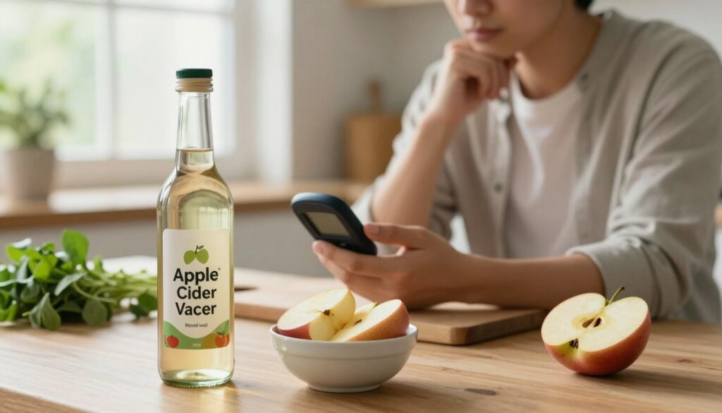 A visually engaging scene depicting the effect of apple cider vinegar on blood sugar levels, set in a warmly lit kitchen environment. In the foreground, a glass bottle of apple cider vinegar sits alongside a small bowl of fresh, sliced apples. The middle ground features a health-conscious individual in modest casual clothing, thoughtfully examining their blood sugar monitor, with a look of contemplation. The background includes elements like fresh herbs, a cutting board, and a soft-focus window allowing natural light to spill in, enhancing the cozy atmosphere. Aim for a harmonious blend of health, diet, and home-cooking aesthetics, capturing a moment of mindfulness in food choices. A visually engaging scene depicting the effect of apple cider vinegar on blood sugar levels, set in a warmly lit kitchen environment. In the foreground, a glass bottle of apple cider vinegar sits alongside a small bowl of fresh, sliced apples. The middle ground features a health-conscious individual in modest casual clothing, thoughtfully examining their blood sugar monitor, with a look of contemplation. The background includes elements like fresh herbs, a cutting board, and a soft-focus window allowing natural light to spill in, enhancing the cozy atmosphere. Aim for a harmonious blend of health, diet, and home-cooking aesthetics, capturing a moment of mindfulness in food choices.