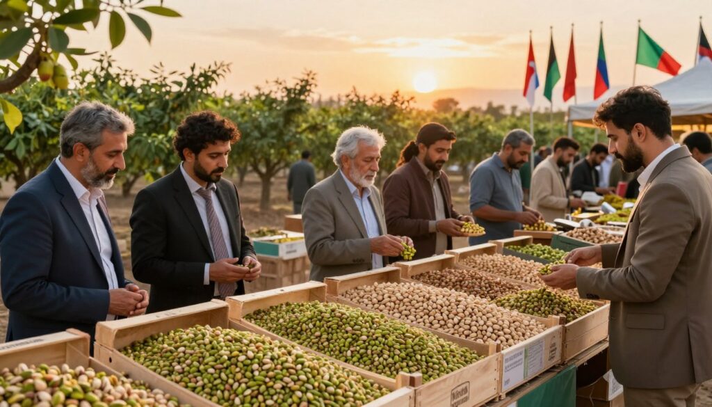 A visually striking illustration depicting global demand for pistachios, set in a vibrant marketplace. In the foreground, a diverse group of shoppers, dressed in professional business attire, examines freshly harvested pistachios in wooden crates, showcasing their rich green hues. The middle ground features a bustling market with vendors communicating and weighing the nuts, emphasizing the limited supply against a backdrop of flags from various countries, symbolizing international trade. The background reveals an expansive landscape of pistachio orchards, under a golden sunset, capturing the essence of cultivation. Use soft, warm lighting to create a welcoming atmosphere, with a slight depth of field to focus on the forefront activities while subtly blurring the background. A visually striking illustration depicting global demand for pistachios, set in a vibrant marketplace. In the foreground, a diverse group of shoppers, dressed in professional business attire, examines freshly harvested pistachios in wooden crates, showcasing their rich green hues. The middle ground features a bustling market with vendors communicating and weighing the nuts, emphasizing the limited supply against a backdrop of flags from various countries, symbolizing international trade. The background reveals an expansive landscape of pistachio orchards, under a golden sunset, capturing the essence of cultivation. Use soft, warm lighting to create a welcoming atmosphere, with a slight depth of field to focus on the forefront activities while subtly blurring the background.