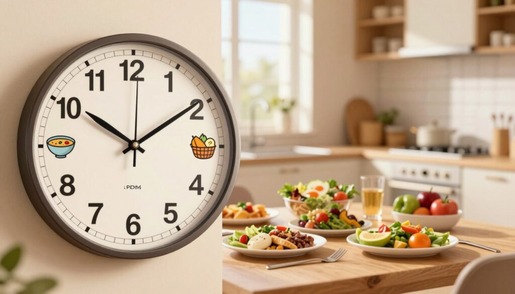 A visually striking illustration of meal schedules displayed on an elegant wall clock, designed to highlight the importance of meal timing for health. In the foreground, an ornate clock face with distinct meal icons at each hour, such as a bowl of soup at noon, a fruit basket at 3 PM, and a dinner plate at 7 PM. The middle ground features a table set for a nutritious meal, with colorful dishes and healthy foods like salad, grains, and vegetables, all arranged invitingly. In the background, a warm, softly lit kitchen environment with light streaming through a window, creating a cozy and inviting atmosphere. The mood conveys balance and healthfulness, emphasizing the theme of mindful eating at appropriate times, captured with soft focus to enhance the warmth of the scene. A visually striking illustration of meal schedules displayed on an elegant wall clock, designed to highlight the importance of meal timing for health. In the foreground, an ornate clock face with distinct meal icons at each hour, such as a bowl of soup at noon, a fruit basket at 3 PM, and a dinner plate at 7 PM. The middle ground features a table set for a nutritious meal, with colorful dishes and healthy foods like salad, grains, and vegetables, all arranged invitingly. In the background, a warm, softly lit kitchen environment with light streaming through a window, creating a cozy and inviting atmosphere. The mood conveys balance and healthfulness, emphasizing the theme of mindful eating at appropriate times, captured with soft focus to enhance the warmth of the scene.
