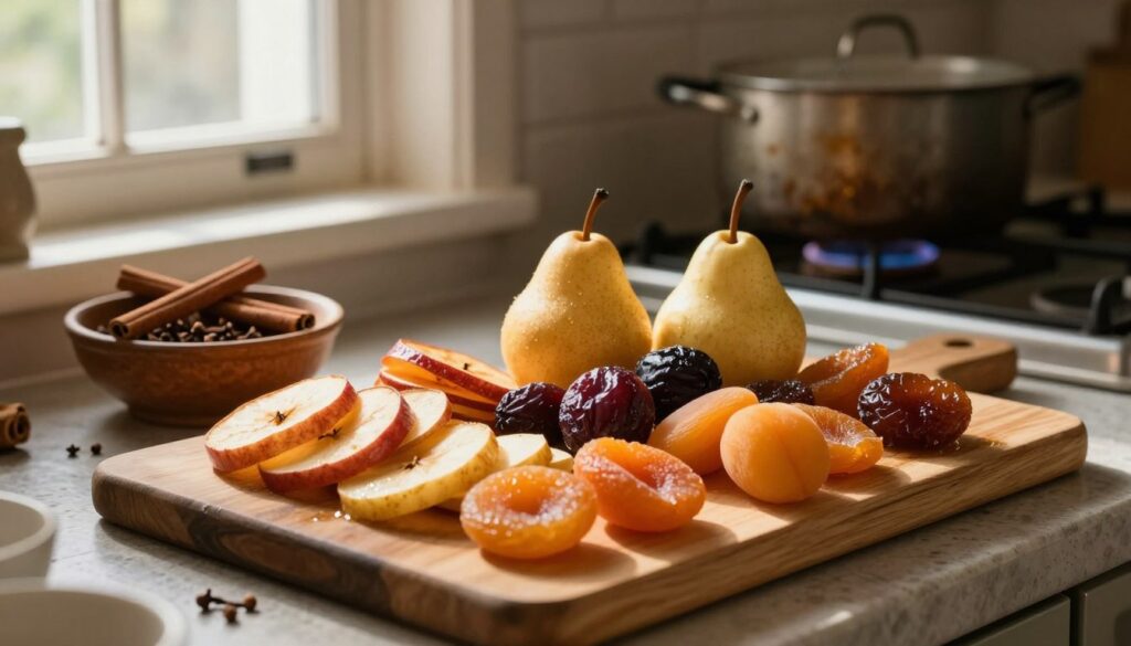 A warm and inviting kitchen scene focused on the preparation of dried fruits for cooking. In the foreground, a wooden cutting board adorned with an array of vibrant dried fruits: apples, pears, plums, and apricots, their rich colors glistening with a gentle sheen. A rustic bowl nearby holds cinnamon sticks and whole cloves, adding to the festive atmosphere. In the middle ground, a sunny window filters soft, natural light, illuminating the scene and casting gentle shadows. An old-fashioned pot sits on a vintage stove in the background, hinting at the upcoming cooking process. The overall mood is cozy and nostalgic, evoking the spirit of traditional holiday preparations. The camera angle is slightly above the cutting board, capturing both the details of the fruits and the warm ambiance of the kitchen. A warm and inviting kitchen scene focused on the preparation of dried fruits for cooking. In the foreground, a wooden cutting board adorned with an array of vibrant dried fruits: apples, pears, plums, and apricots, their rich colors glistening with a gentle sheen. A rustic bowl nearby holds cinnamon sticks and whole cloves, adding to the festive atmosphere. In the middle ground, a sunny window filters soft, natural light, illuminating the scene and casting gentle shadows. An old-fashioned pot sits on a vintage stove in the background, hinting at the upcoming cooking process. The overall mood is cozy and nostalgic, evoking the spirit of traditional holiday preparations. The camera angle is slightly above the cutting board, capturing both the details of the fruits and the warm ambiance of the kitchen.