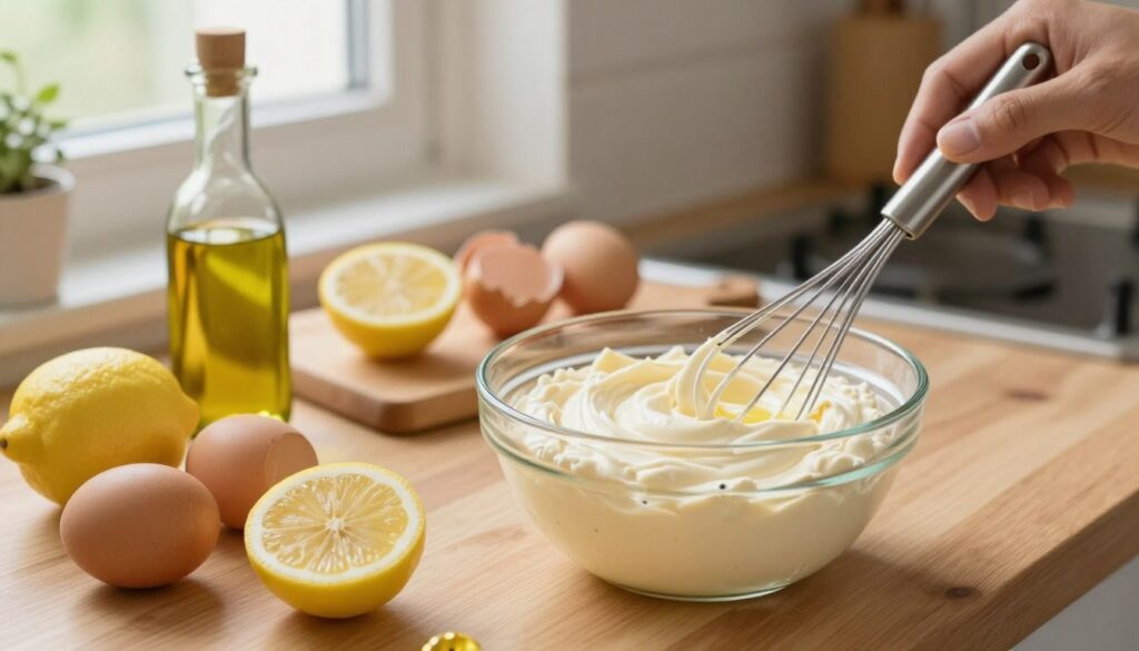 A warm and inviting kitchen scene showcasing the process of making mayonnaise from scratch. In the foreground, a glass bowl filled with creamy mayonnaise sits beside fresh ingredients: eggs, olive oil, mustard, and lemon. A whisk is partially submerged in the bowl, indicating action. In the middle, a wooden countertop displays a cutting board with cracked eggs and squeezed lemon, emphasizing freshness. The background features soft-focus kitchen utensils and a window letting in natural light, illuminating the scene with a cozy glow. The overall mood is homely and approachable, inviting viewers into a culinary adventure. The composition should be well-balanced, capturing the essence of homemade cooking without any text or distractions. A warm and inviting kitchen scene showcasing the process of making mayonnaise from scratch. In the foreground, a glass bowl filled with creamy mayonnaise sits beside fresh ingredients: eggs, olive oil, mustard, and lemon. A whisk is partially submerged in the bowl, indicating action. In the middle, a wooden countertop displays a cutting board with cracked eggs and squeezed lemon, emphasizing freshness. The background features soft-focus kitchen utensils and a window letting in natural light, illuminating the scene with a cozy glow. The overall mood is homely and approachable, inviting viewers into a culinary adventure. The composition should be well-balanced, capturing the essence of homemade cooking without any text or distractions.