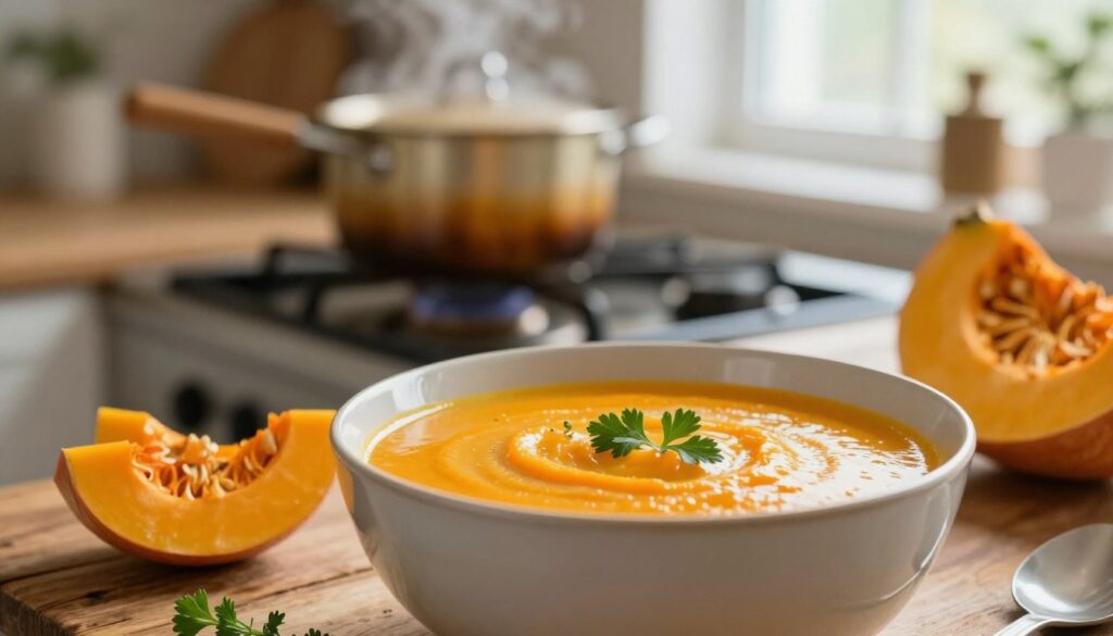 A warm bowl of vibrant pumpkin soup in the foreground, with a rich orange hue and a smooth, creamy texture. The bowl should be placed on a rustic wooden table, surrounded by fresh pumpkin slices and a sprig of green herbs for garnish. In the middle background, show a blurred kitchen scene, where a pot on the stove simmers, with hints of steam rising. Soft, natural light filters in from a nearby window, creating a cozy, inviting atmosphere. Use a shallow depth of field to draw attention to the soup, while the kitchen remains slightly out of focus, enhancing the feeling of a home-cooked meal. Aim for a warm, inviting mood that reflects comfort and simplicity in cooking. A warm bowl of vibrant pumpkin soup in the foreground, with a rich orange hue and a smooth, creamy texture. The bowl should be placed on a rustic wooden table, surrounded by fresh pumpkin slices and a sprig of green herbs for garnish. In the middle background, show a blurred kitchen scene, where a pot on the stove simmers, with hints of steam rising. Soft, natural light filters in from a nearby window, creating a cozy, inviting atmosphere. Use a shallow depth of field to draw attention to the soup, while the kitchen remains slightly out of focus, enhancing the feeling of a home-cooked meal. Aim for a warm, inviting mood that reflects comfort and simplicity in cooking.