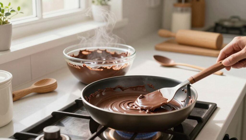 A warm, inviting kitchen scene featuring a pan on the stove with melted chocolate spilling over the sides, showcasing the process of salvaging scorched chocolate. In the foreground, a spatula rests beside the pan, hinting at the careful stirring required to rescue the chocolate. The middle ground shows a glass bowl with a creamy, perfectly melted chocolate mixture, steam rising gently, indicating a water bath method. In the background, cheerful sunlight streams through a window, illuminating a tidy countertop scattered with baking tools and ingredients. The atmosphere is cozy and encouraging, suggesting a sense of calm and control in the face of a culinary mishap. Soft, natural lighting enhances the richness of the chocolate and the warmth of the kitchen. A warm, inviting kitchen scene featuring a pan on the stove with melted chocolate spilling over the sides, showcasing the process of salvaging scorched chocolate. In the foreground, a spatula rests beside the pan, hinting at the careful stirring required to rescue the chocolate. The middle ground shows a glass bowl with a creamy, perfectly melted chocolate mixture, steam rising gently, indicating a water bath method. In the background, cheerful sunlight streams through a window, illuminating a tidy countertop scattered with baking tools and ingredients. The atmosphere is cozy and encouraging, suggesting a sense of calm and control in the face of a culinary mishap. Soft, natural lighting enhances the richness of the chocolate and the warmth of the kitchen.