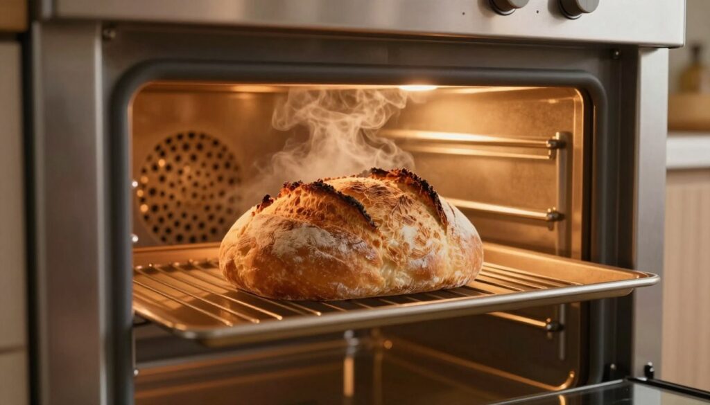 A warm, inviting scene inside a modern kitchen featuring a freshly baked loaf of bread being placed into a rustic oven. The foreground highlights the golden-brown crust of the bread with steam rising off it, suggesting warmth and freshness. In the middle, the oven's interior glows with a soft, golden light, casting gentle shadows that accentuate the bread's texture. The background features warm wood cabinetry and soft, ambient lighting that creates a cozy atmosphere. The overall mood is comforting and homely, emphasizing the process of reviving frozen bread to achieve a crispy crust. Shot with a slight angle that captures both the oven and the bread, giving a dynamic perspective that draws the viewer into the scene. A warm, inviting scene inside a modern kitchen featuring a freshly baked loaf of bread being placed into a rustic oven. The foreground highlights the golden-brown crust of the bread with steam rising off it, suggesting warmth and freshness. In the middle, the oven's interior glows with a soft, golden light, casting gentle shadows that accentuate the bread's texture. The background features warm wood cabinetry and soft, ambient lighting that creates a cozy atmosphere. The overall mood is comforting and homely, emphasizing the process of reviving frozen bread to achieve a crispy crust. Shot with a slight angle that captures both the oven and the bread, giving a dynamic perspective that draws the viewer into the scene.