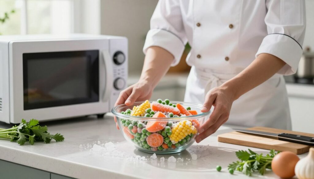 A well-lit kitchen scene showcasing the process of defrosting frozen food. In the foreground, a clear bowl filled with colorful frozen vegetables like peas, carrots, and corn, surrounded by ice crystals. In the middle ground, a chef in a clean white apron carefully places the bowl in a microwave, demonstrating the proper way to defrost food. The background features a tidy kitchen countertop with a cutting board, a knife, and fresh herbs to highlight the contrast between frozen and fresh ingredients. Soft, natural light streams in from a nearby window, creating a warm and inviting atmosphere. The focus is sharp on the bowl and chef, while the background has a gentle blur, emphasizing the importance of the defrosting process in healthy cooking. A well-lit kitchen scene showcasing the process of defrosting frozen food. In the foreground, a clear bowl filled with colorful frozen vegetables like peas, carrots, and corn, surrounded by ice crystals. In the middle ground, a chef in a clean white apron carefully places the bowl in a microwave, demonstrating the proper way to defrost food. The background features a tidy kitchen countertop with a cutting board, a knife, and fresh herbs to highlight the contrast between frozen and fresh ingredients. Soft, natural light streams in from a nearby window, creating a warm and inviting atmosphere. The focus is sharp on the bowl and chef, while the background has a gentle blur, emphasizing the importance of the defrosting process in healthy cooking.