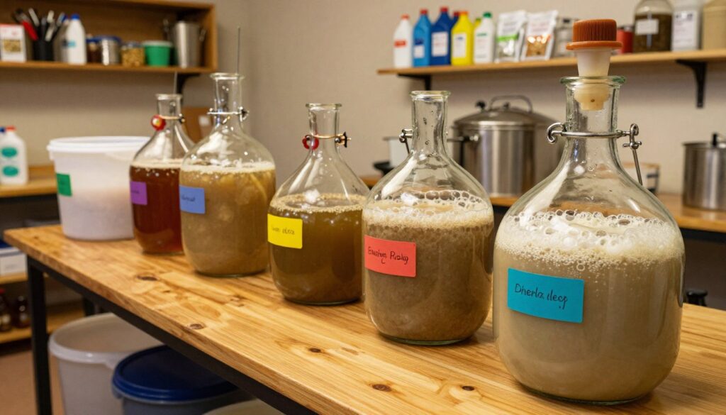 A well-lit workspace dedicated to fermentation, featuring a variety of fermenting vessels such as glass carboys, plastic fermentation buckets, and stainless steel fermenters. In the foreground, showcase a large glass carboy filled with a bubbling mash, complete with an airlock and rubber stopper. In the middle, display an array of different fermenters lined on a wooden table, emphasizing their distinct shapes and sizes, each with colorful labels marking their contents. In the background, include shelves stocked with fermentation supplies like measuring tools, yeast packets, and sanitizer bottles. The atmosphere is warm and inviting, illuminated by soft, warm light that highlights the textures of the materials. Capture the scene from a slightly elevated angle to convey a comprehensive overview of fermentation equipment, creating a sense of curiosity and professionalism. A well-lit workspace dedicated to fermentation, featuring a variety of fermenting vessels such as glass carboys, plastic fermentation buckets, and stainless steel fermenters. In the foreground, showcase a large glass carboy filled with a bubbling mash, complete with an airlock and rubber stopper. In the middle, display an array of different fermenters lined on a wooden table, emphasizing their distinct shapes and sizes, each with colorful labels marking their contents. In the background, include shelves stocked with fermentation supplies like measuring tools, yeast packets, and sanitizer bottles. The atmosphere is warm and inviting, illuminated by soft, warm light that highlights the textures of the materials. Capture the scene from a slightly elevated angle to convey a comprehensive overview of fermentation equipment, creating a sense of curiosity and professionalism.