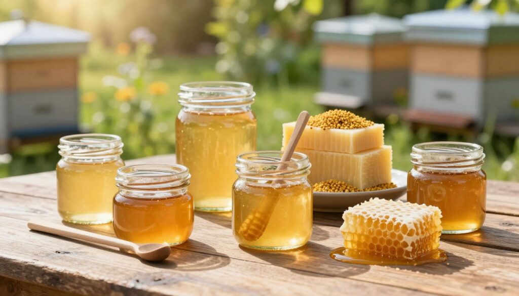 A well-organized bee kit displayed on a rustic wooden table, emphasizing key components for making propolis tincture. In the foreground, showcase a variety of glass jars filled with golden propolis resin, a small wooden stick for stirring, and a delicate honeycomb. In the middle, include a detailed view of natural bee products like beeswax and bee pollen, arranged attractively. In the background, softly blurred, show a sunny garden with beehives, creating a warm, inviting atmosphere. The lighting is natural and bright, mimicking afternoon sunlight streaming in, highlighting the textures and colors of the materials. The mood should evoke a sense of tranquility and inspiration for DIY natural preparations. A well-organized bee kit displayed on a rustic wooden table, emphasizing key components for making propolis tincture. In the foreground, showcase a variety of glass jars filled with golden propolis resin, a small wooden stick for stirring, and a delicate honeycomb. In the middle, include a detailed view of natural bee products like beeswax and bee pollen, arranged attractively. In the background, softly blurred, show a sunny garden with beehives, creating a warm, inviting atmosphere. The lighting is natural and bright, mimicking afternoon sunlight streaming in, highlighting the textures and colors of the materials. The mood should evoke a sense of tranquility and inspiration for DIY natural preparations.