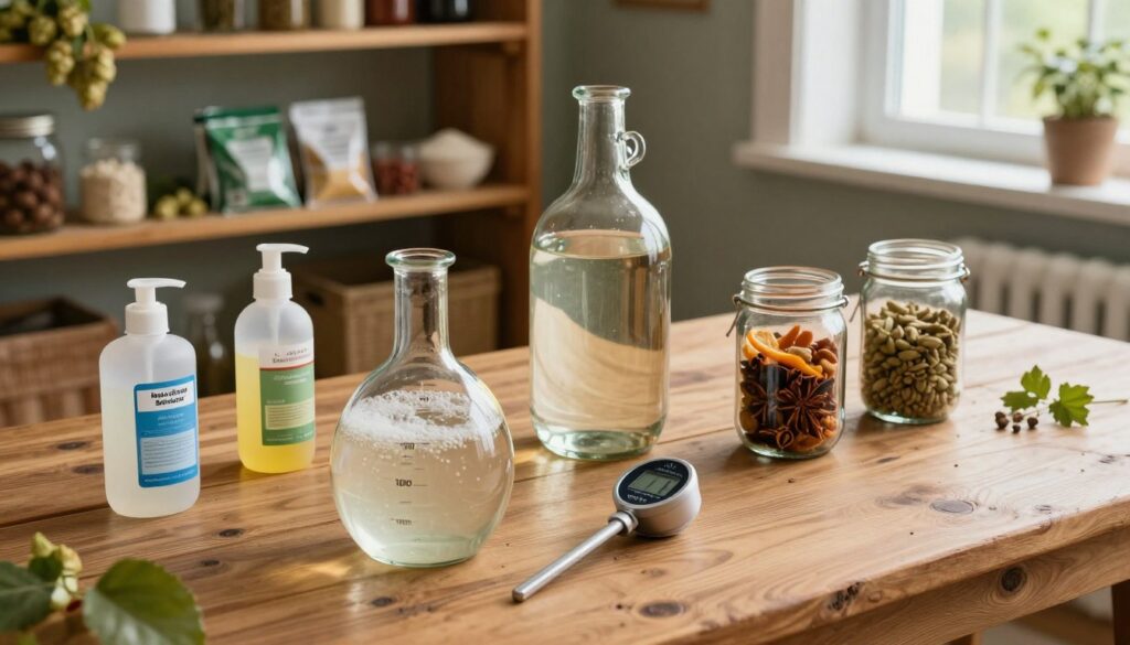 A well-organized fermentation setup on a rustic wooden table, highlighting essential equipment for the fermentation process. In the foreground, place a glass fermentation vessel with bubbling liquid, a digital hydrometer, and sanitizing solutions. In the middle, showcase a variety of fermentation vessels in different sizes, including a large carboy and a small mason jar filled with local ingredients. The background features wooden shelves lined with hops, yeast packets, and spices, while warm natural light filters through a nearby window, creating a cozy atmosphere. Capture the scene from a slightly elevated angle to emphasize the various tools and materials, portraying a sense of readiness for the fermentation journey. The overall mood should feel inviting and informative, perfect for showcasing the essentials of fermentation. A well-organized fermentation setup on a rustic wooden table, highlighting essential equipment for the fermentation process. In the foreground, place a glass fermentation vessel with bubbling liquid, a digital hydrometer, and sanitizing solutions. In the middle, showcase a variety of fermentation vessels in different sizes, including a large carboy and a small mason jar filled with local ingredients. The background features wooden shelves lined with hops, yeast packets, and spices, while warm natural light filters through a nearby window, creating a cozy atmosphere. Capture the scene from a slightly elevated angle to emphasize the various tools and materials, portraying a sense of readiness for the fermentation journey. The overall mood should feel inviting and informative, perfect for showcasing the essentials of fermentation.