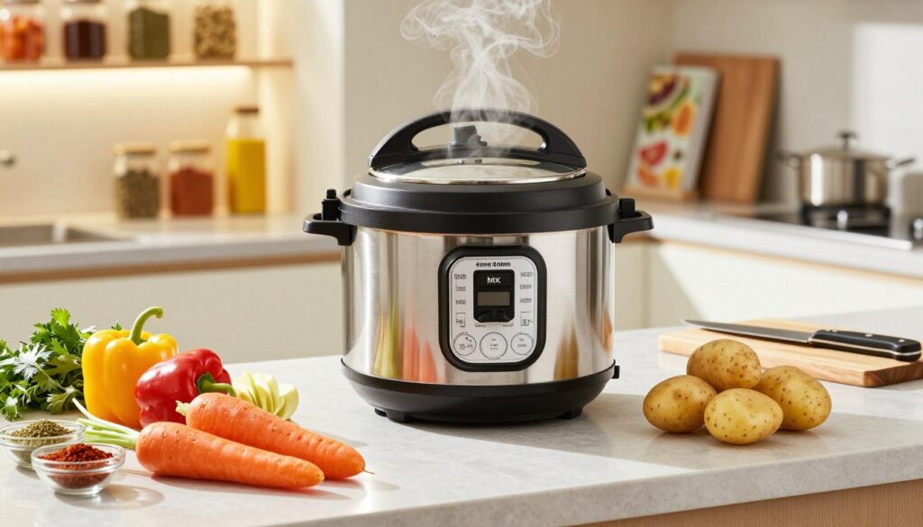 A well-organized kitchen countertop featuring a variety of fresh ingredients prepared for a pressure cooker. In the foreground, display vibrant vegetables like carrots, bell peppers, and potatoes neatly chopped, along with spices in small bowls. In the middle, place a gleaming stainless steel pressure cooker with its lid partially open, showcasing the steam release valve. Surrounding the cooker, include utensils like a chopping board and a knife for contrast. In the background, softly illuminated shelves with spices and cooking books create a warm, inviting atmosphere. The lighting should be bright and natural, suggesting a sunny kitchen. The overall mood should be energetic and efficient, emphasizing the quick preparation of ingredients for cooking in a pressure cooker. A well-organized kitchen countertop featuring a variety of fresh ingredients prepared for a pressure cooker. In the foreground, display vibrant vegetables like carrots, bell peppers, and potatoes neatly chopped, along with spices in small bowls. In the middle, place a gleaming stainless steel pressure cooker with its lid partially open, showcasing the steam release valve. Surrounding the cooker, include utensils like a chopping board and a knife for contrast. In the background, softly illuminated shelves with spices and cooking books create a warm, inviting atmosphere. The lighting should be bright and natural, suggesting a sunny kitchen. The overall mood should be energetic and efficient, emphasizing the quick preparation of ingredients for cooking in a pressure cooker.