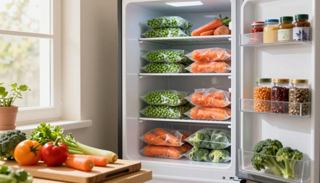 A well-organized kitchen freezer filled with neatly stacked bags of frozen vegetables, showcasing a variety such as peas, carrots, and broccoli. In the foreground, a wooden cutting board with a few fresh and colorful raw vegetables is illuminated by warm, natural light filtering through a nearby window. The middle ground features the open freezer door displaying clearly labeled bags, emphasizing safe storage practices. In the background, a kitchen setting with shelves of spices and healthy cookbooks creates a cozy and inviting atmosphere. The scene is captured from a slightly angled perspective, highlighting both the frozen vegetables and the fresh produce. The overall mood is vibrant and informative, conveying the importance of safe food storage. A well-organized kitchen freezer filled with neatly stacked bags of frozen vegetables, showcasing a variety such as peas, carrots, and broccoli. In the foreground, a wooden cutting board with a few fresh and colorful raw vegetables is illuminated by warm, natural light filtering through a nearby window. The middle ground features the open freezer door displaying clearly labeled bags, emphasizing safe storage practices. In the background, a kitchen setting with shelves of spices and healthy cookbooks creates a cozy and inviting atmosphere. The scene is captured from a slightly angled perspective, highlighting both the frozen vegetables and the fresh produce. The overall mood is vibrant and informative, conveying the importance of safe food storage.