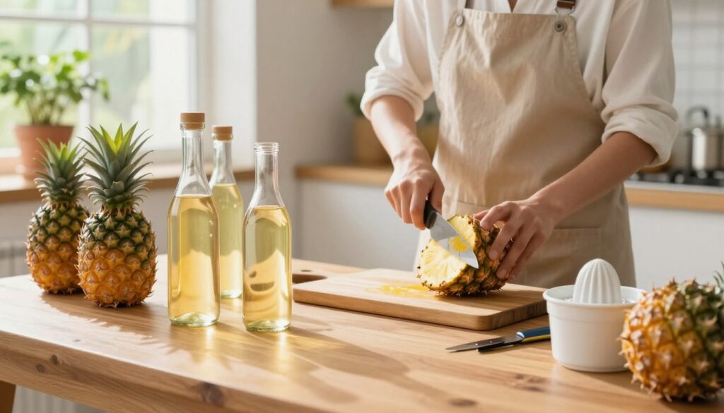 A well-organized workspace for crafting homemade pineapple liqueur, showcasing a clean, hygienic environment. In the foreground, a wooden table is neatly arranged with fresh pineapples, transparent glass bottles, and essential tools like a cutting board and a juicer, all sparkling clean. The middle ground features a professional individual wearing modest kitchen attire, methodically slicing a pineapple, embodying safety and precision. The background includes bright, filtered sunlight streaming in through a window with potted herbs, enhancing the tropical atmosphere. The image has a warm, inviting feeling, emphasizing cleanliness and the joy of home crafting. Shot with a soft-focus lens to create an inviting, friendly vibe. A well-organized workspace for crafting homemade pineapple liqueur, showcasing a clean, hygienic environment. In the foreground, a wooden table is neatly arranged with fresh pineapples, transparent glass bottles, and essential tools like a cutting board and a juicer, all sparkling clean. The middle ground features a professional individual wearing modest kitchen attire, methodically slicing a pineapple, embodying safety and precision. The background includes bright, filtered sunlight streaming in through a window with potted herbs, enhancing the tropical atmosphere. The image has a warm, inviting feeling, emphasizing cleanliness and the joy of home crafting. Shot with a soft-focus lens to create an inviting, friendly vibe.