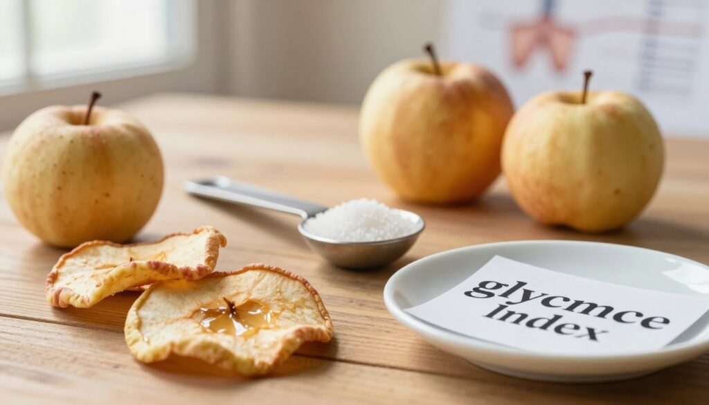 An aesthetically pleasing arrangement of dried apples, showcasing their natural golden-brown hues, placed on a wooden table. In the foreground, a close-up of a few slices of dried apple, highlighting their texture and sweetness, alongside a small plate detailing their glycemic index in an elegant font. In the middle, a measuring spoon filled with glucose, representing blood sugar levels, while a faint medical chart can be seen in the background, suggesting the theme of glycemic control. Soft, natural lighting filters through a nearby window, casting gentle shadows, enhancing the mood of health and wellness. The overall atmosphere should evoke a sense of informative tranquility, perfect for an educational article. An aesthetically pleasing arrangement of dried apples, showcasing their natural golden-brown hues, placed on a wooden table. In the foreground, a close-up of a few slices of dried apple, highlighting their texture and sweetness, alongside a small plate detailing their glycemic index in an elegant font. In the middle, a measuring spoon filled with glucose, representing blood sugar levels, while a faint medical chart can be seen in the background, suggesting the theme of glycemic control. Soft, natural lighting filters through a nearby window, casting gentle shadows, enhancing the mood of health and wellness. The overall atmosphere should evoke a sense of informative tranquility, perfect for an educational article.